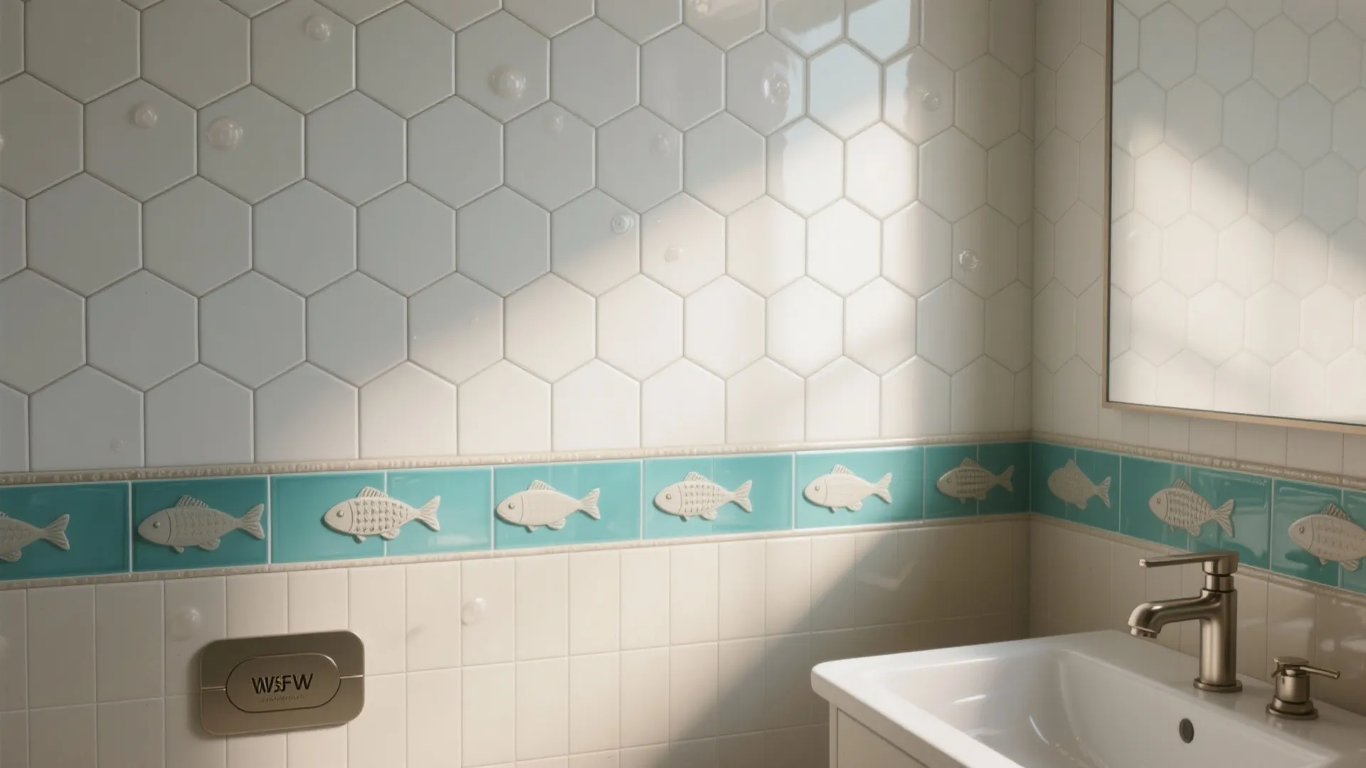 Hexagon “bubble” tiles with a fish listello