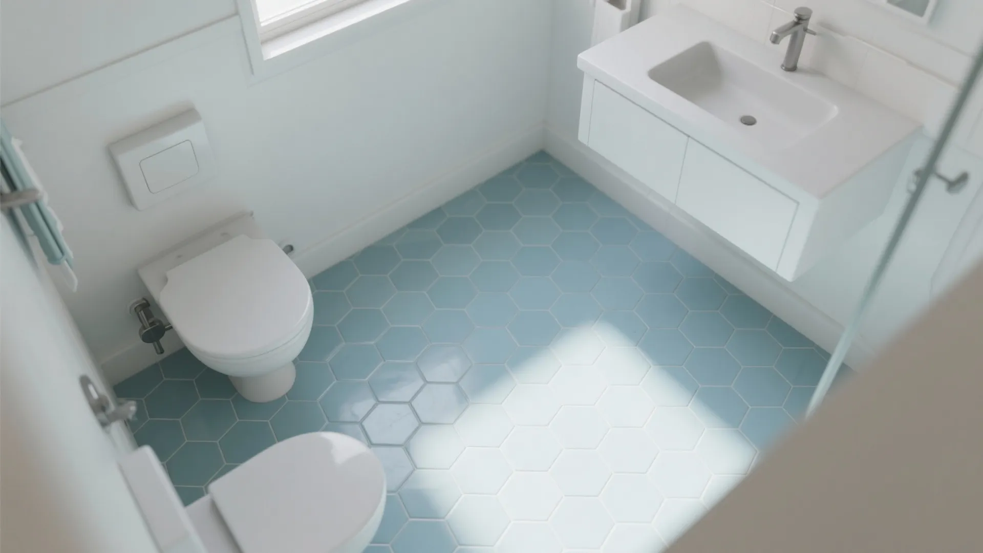 Modern bathroom from above featuring light blue hexagonal floor tiles, white toilet, and floating vanity