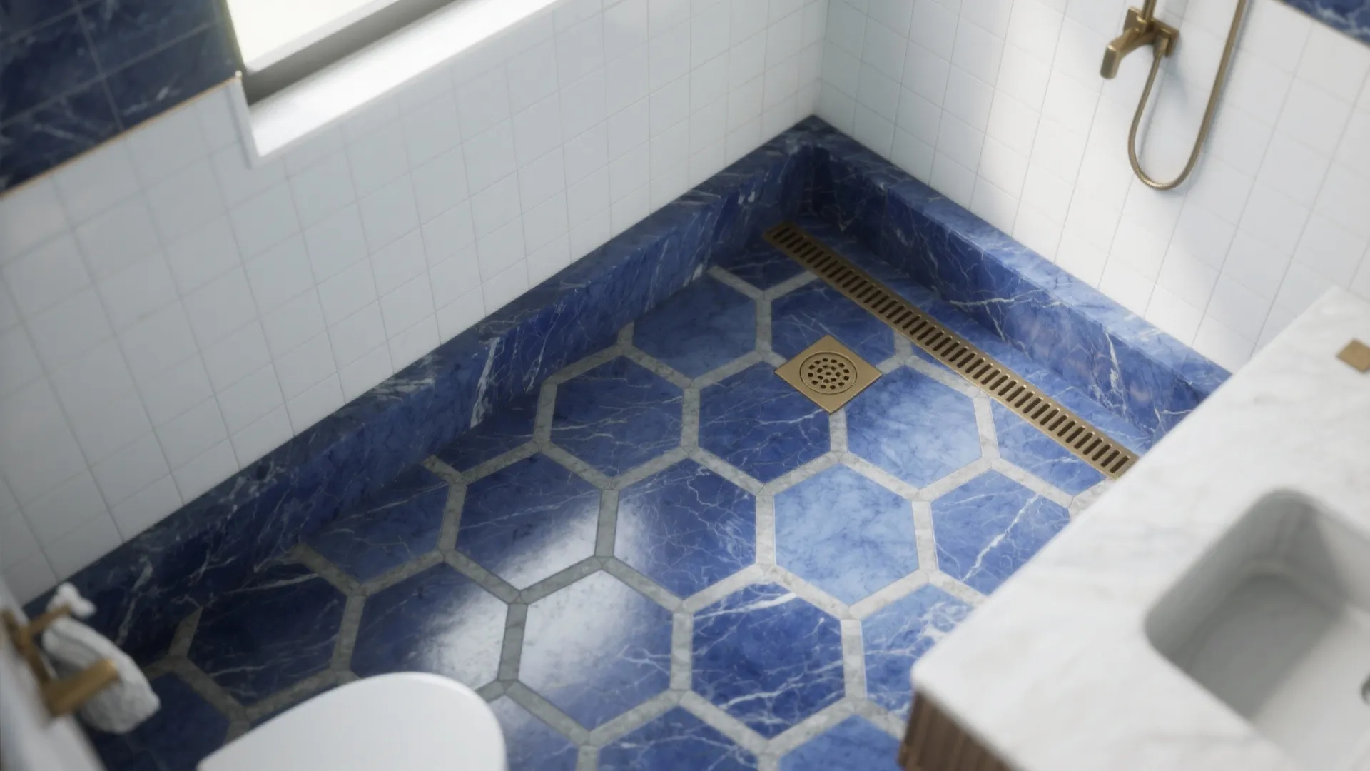 Blue Marble Hex on the Floor, Light Walls Above