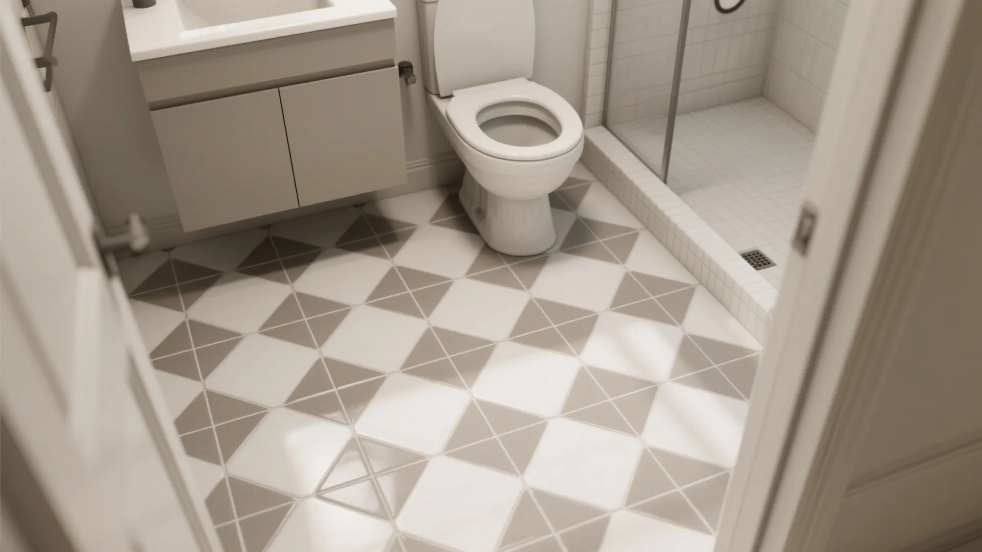Top-down view of a small bathroom with tone-on-tone hex mosaic floor guiding the eye.