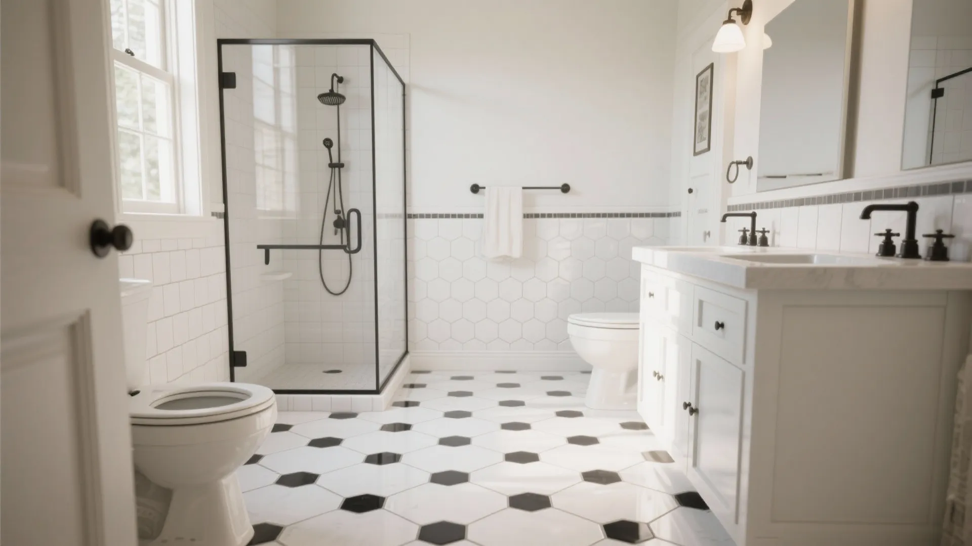 Small white hex tile floor with black accents for traction in a bath.