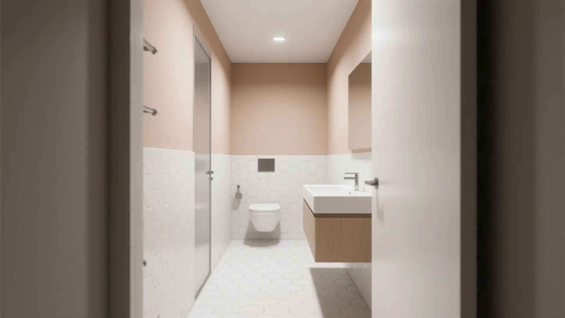 Minimalist narrow bathroom with pink upper walls white hexagon tiles sink cabinet and white toilet