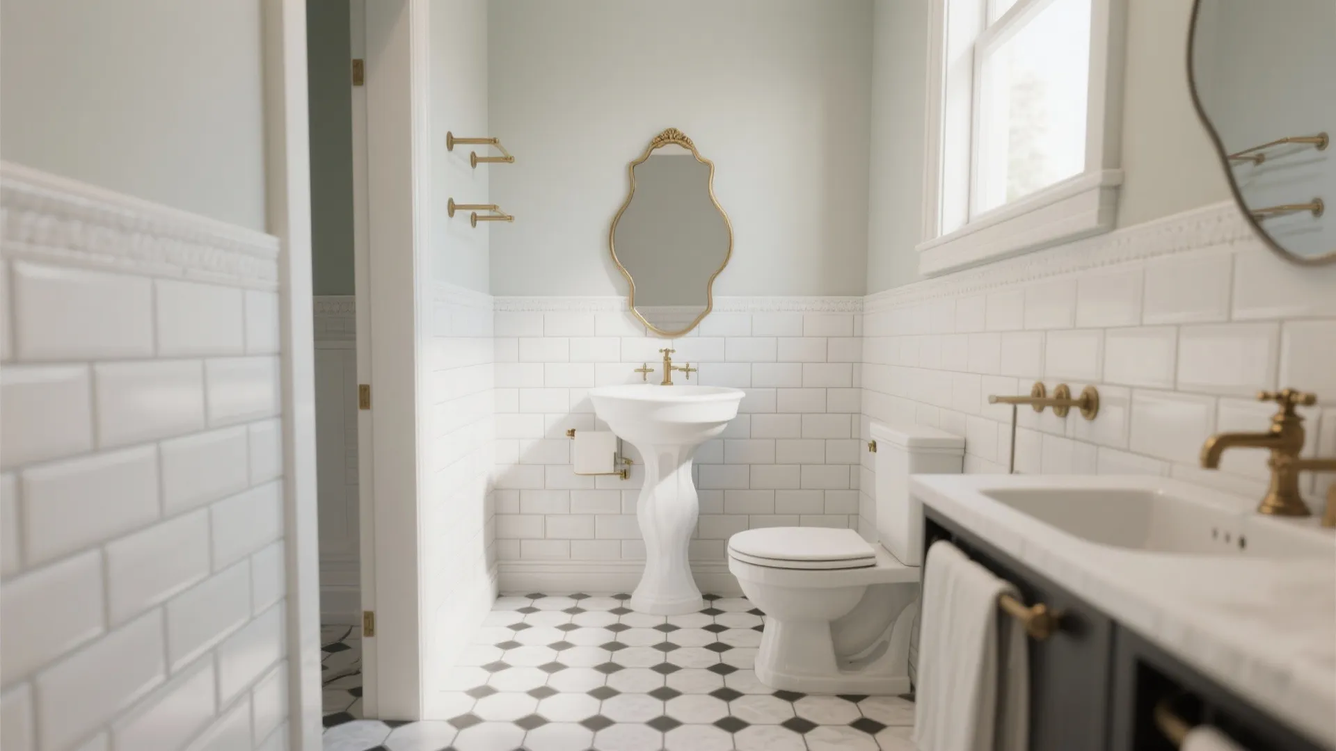 Classic bathroom with white wall tiles black and white floor tiles pedestal sink and mirror