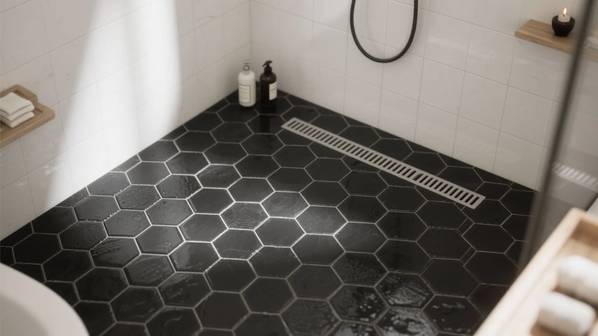 Modern bathroom shower area with black hexagon floor tiles white wall tiles and long floor drain