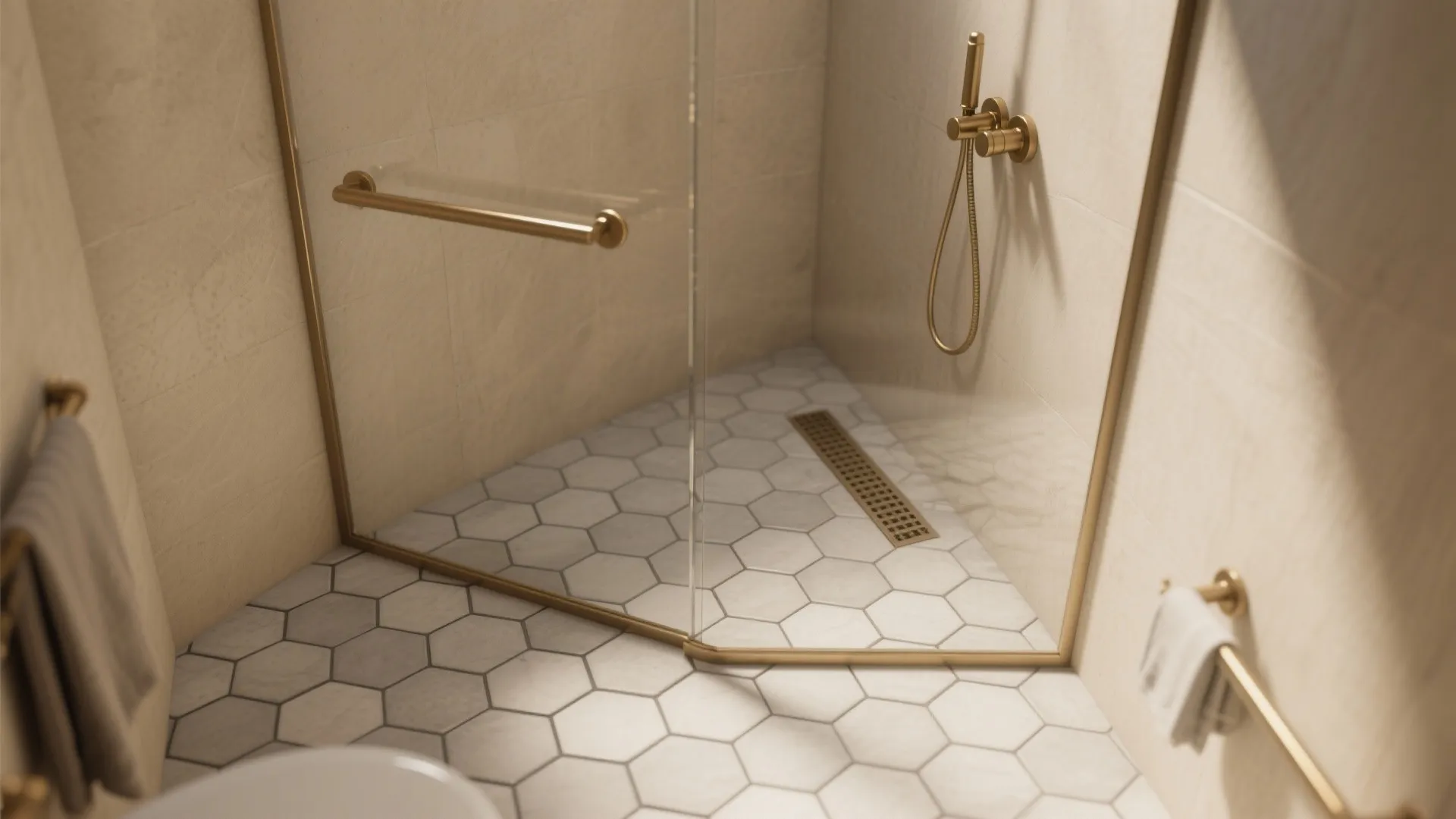 Matte hexagon floors with warm neutrals