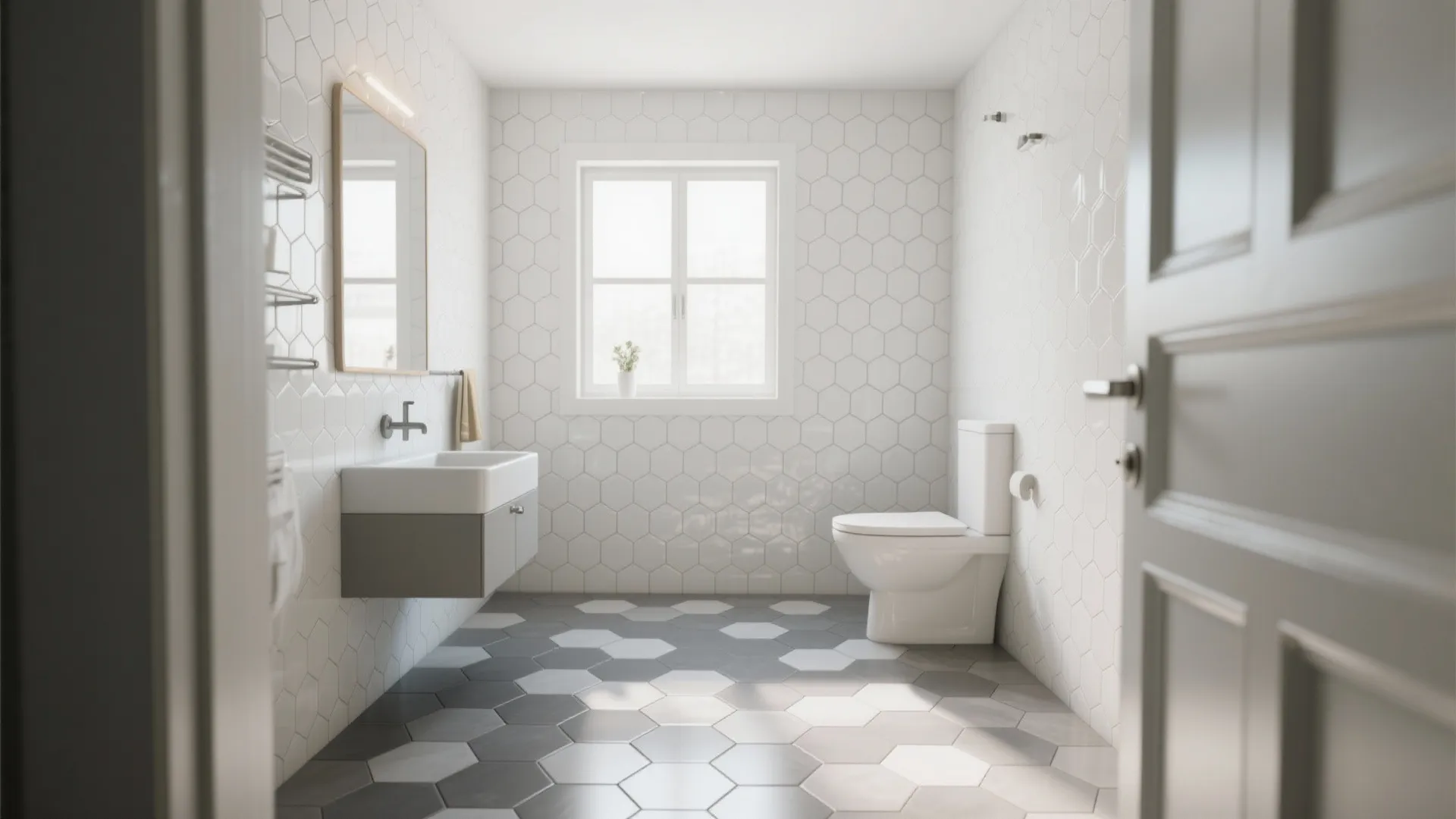 3. Gray Hexagon Floor with White Walls