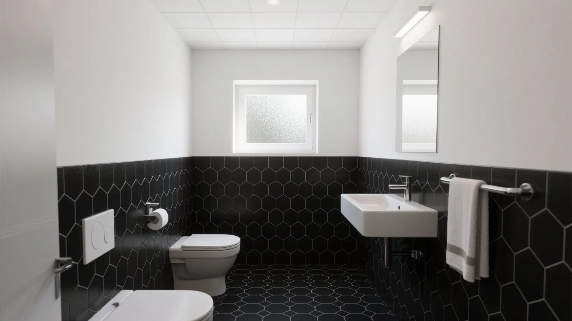 Modern bathroom featuring black hexagon wall and floor tiles with white sink and white walls
