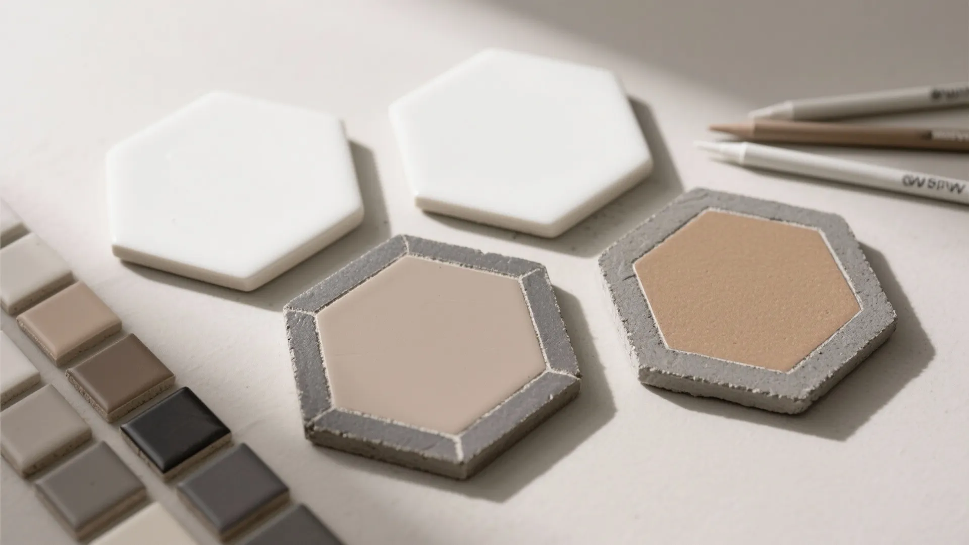 Close up view of hexagon and square tiles in white and brown colors on table