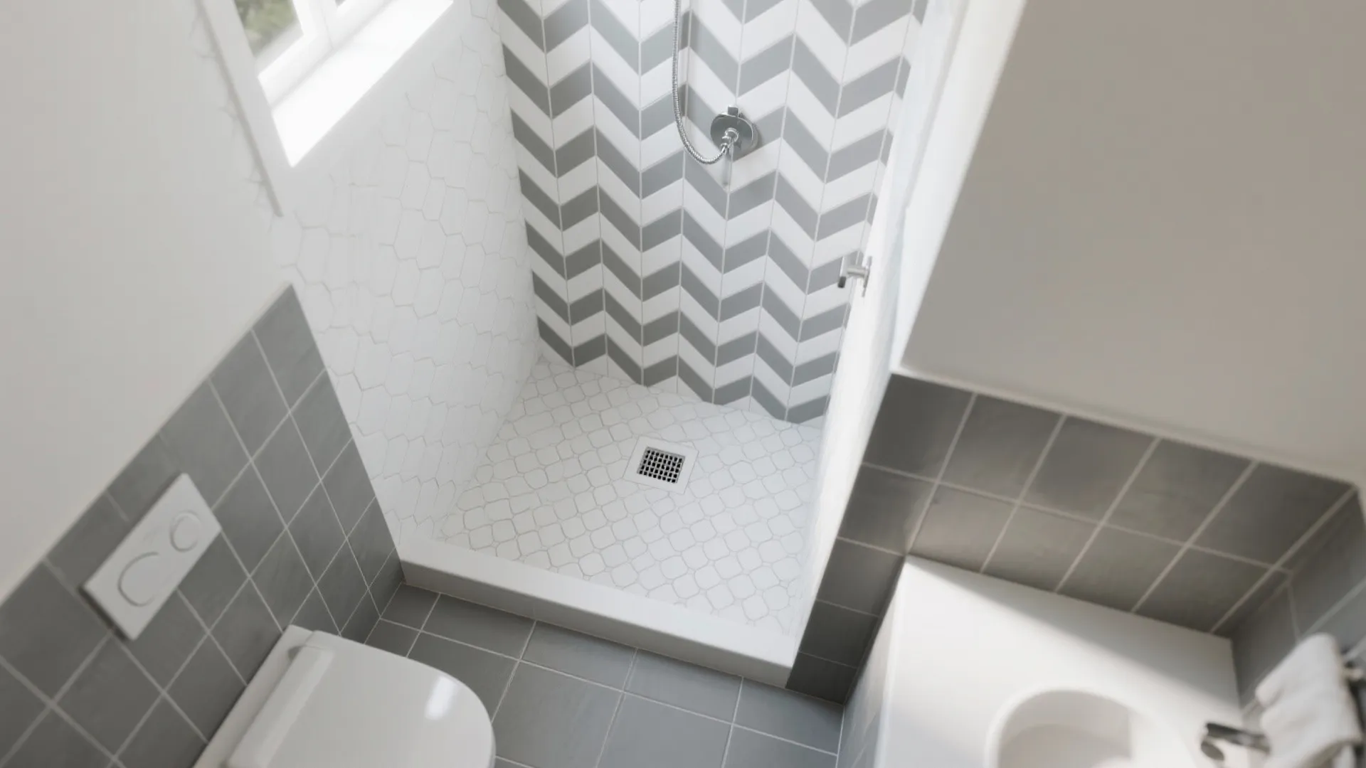 Top-down view of grey-and-white hex shower floor and white herringbone wall with calm grey field tiles.
