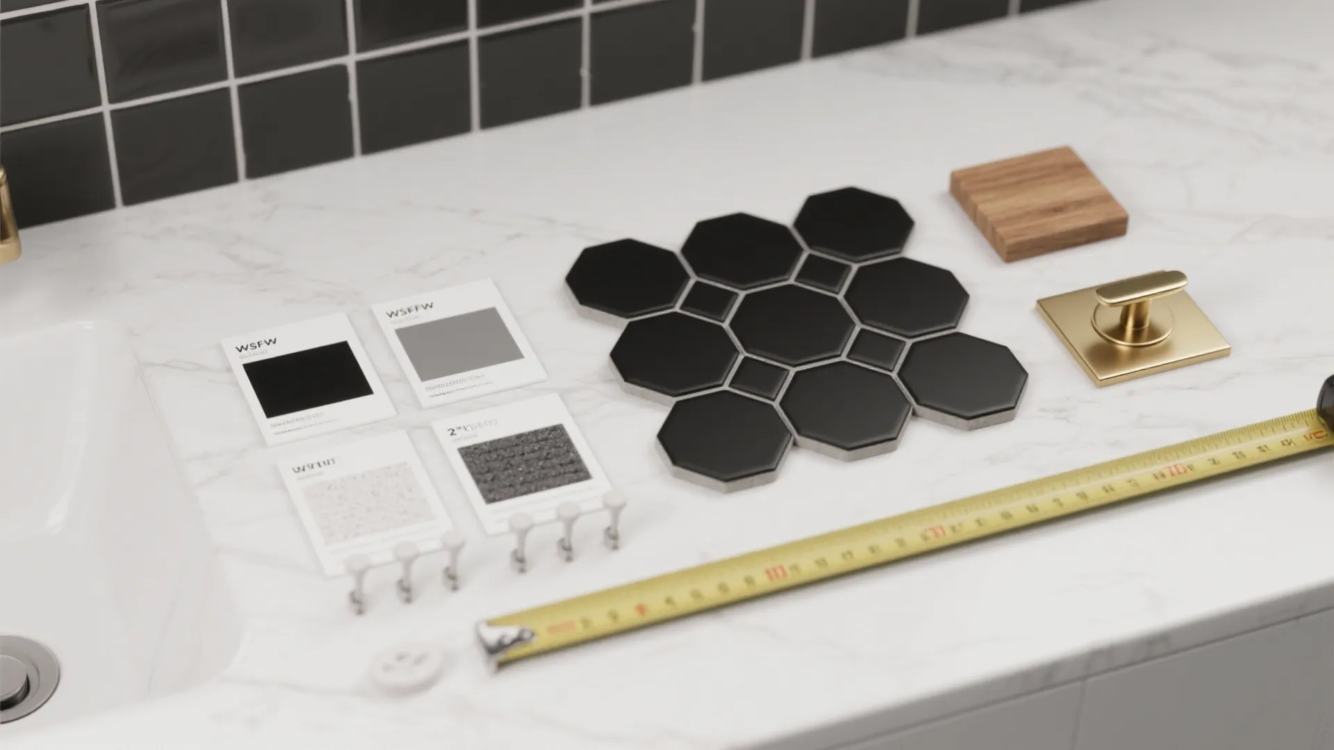 Flatlay of black hex tile samples, grout swatches, oak sample and hardware for bathroom installation planning