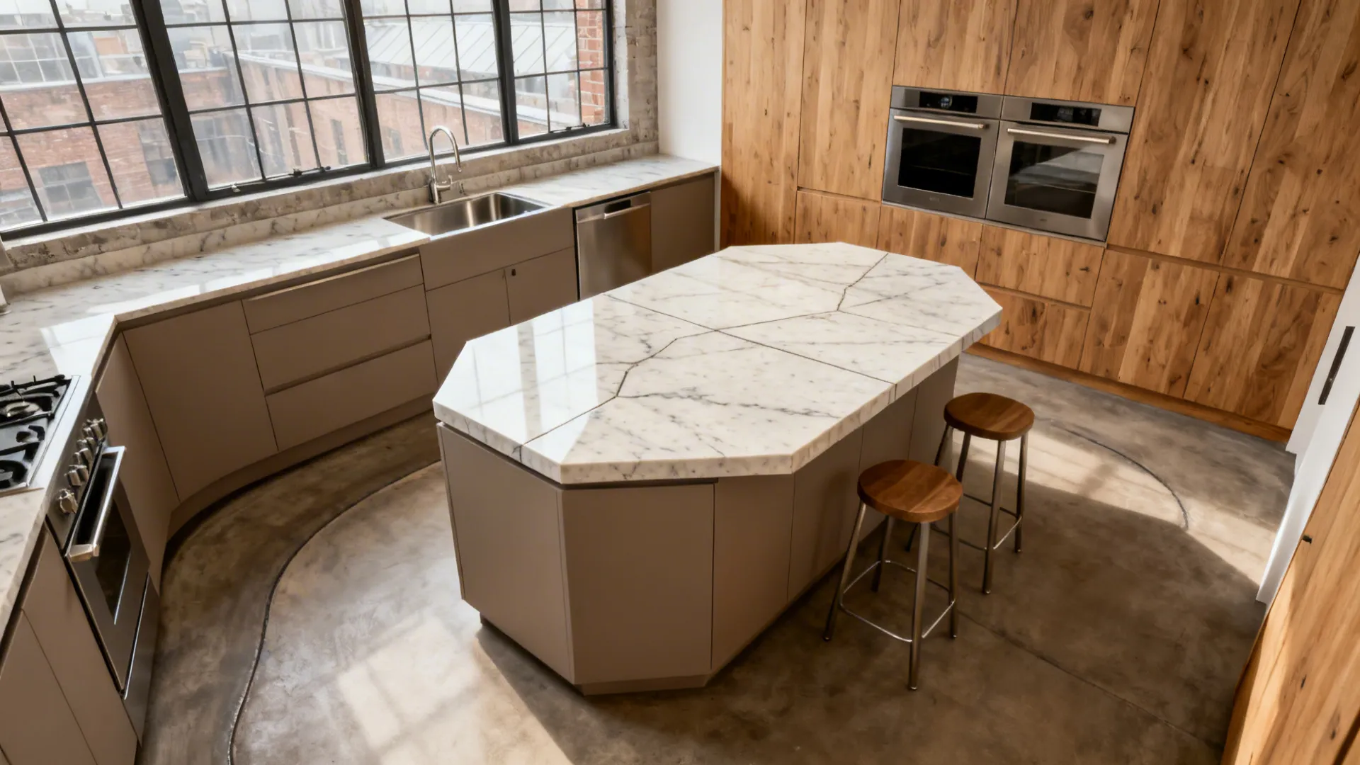 Compact loft kitchen with a hexagonal island and beveled edge that eases circulation.