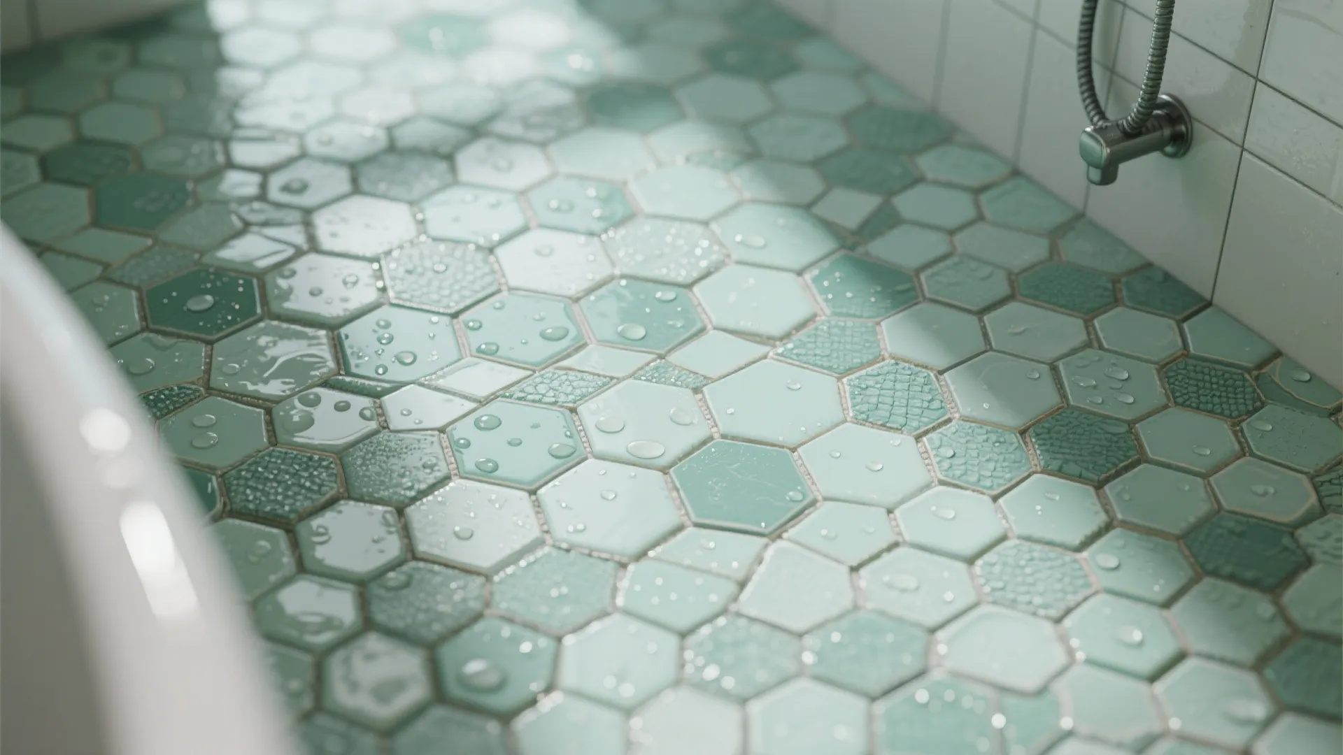 Top-down close-up of hexagonal mint mosaic tiles with textured grout and water droplets.