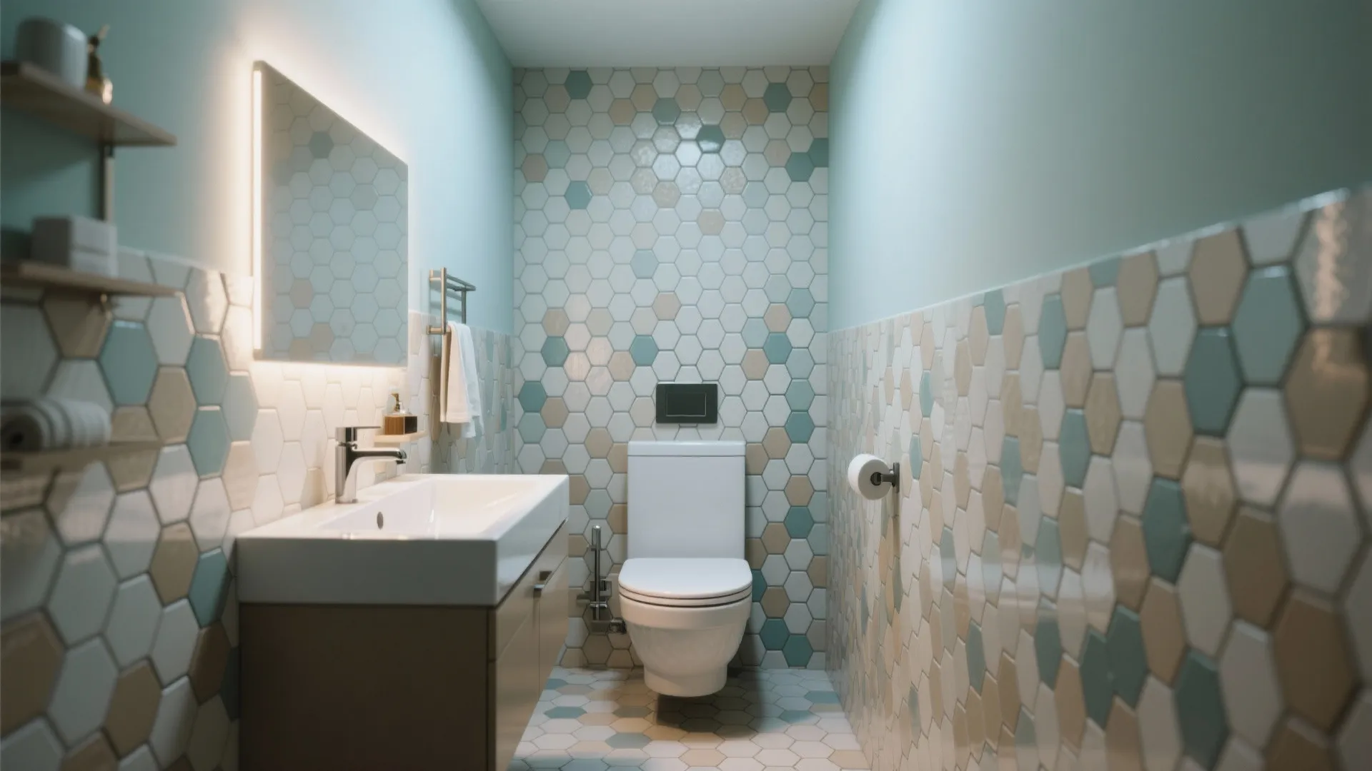 Modern narrow bathroom with blue and beige hexagon wall tiles, white sink, and white toilet