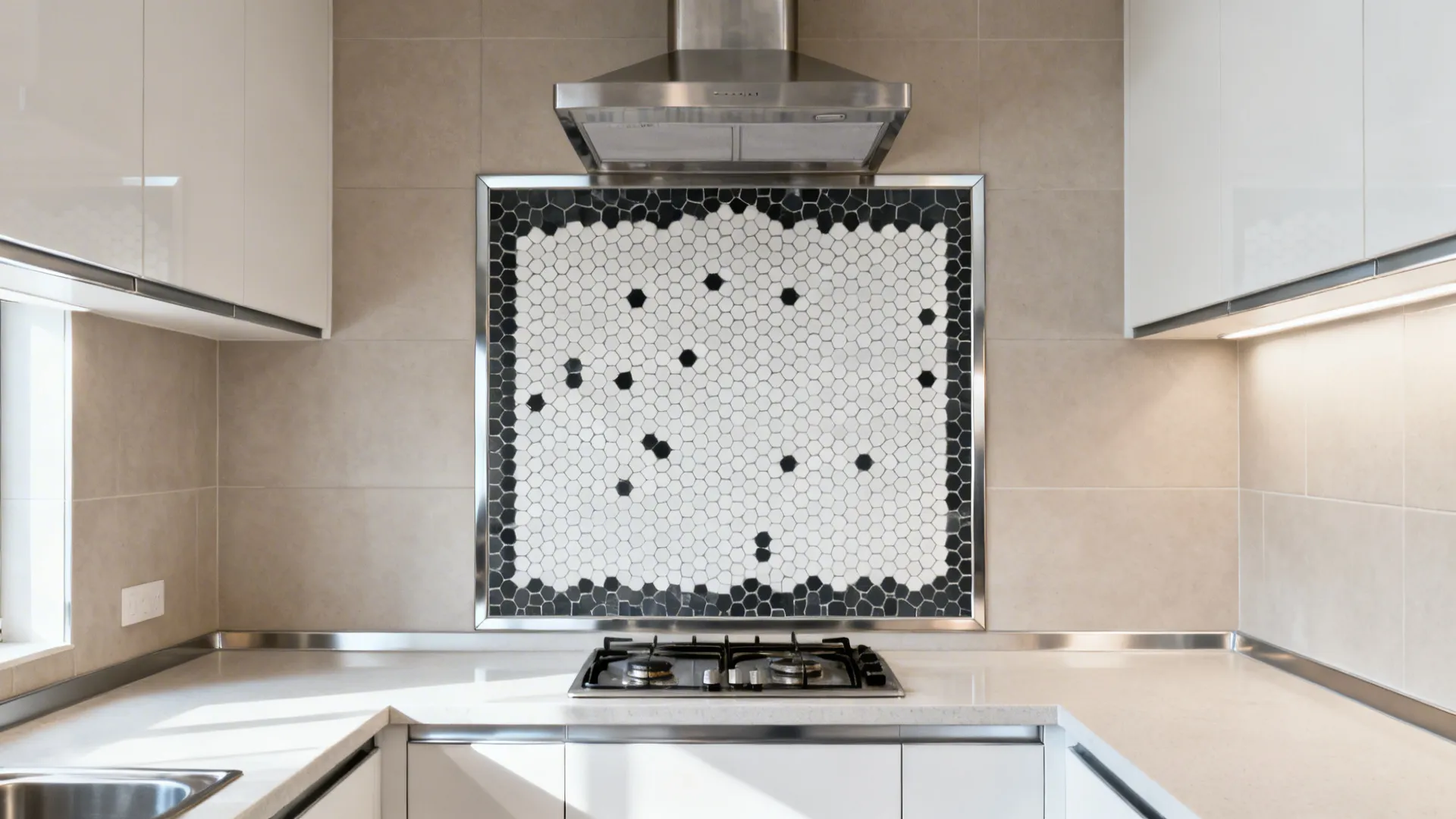 Hexagonal mosaic feature framed over the cooktop with calm large tiles on surrounding walls.