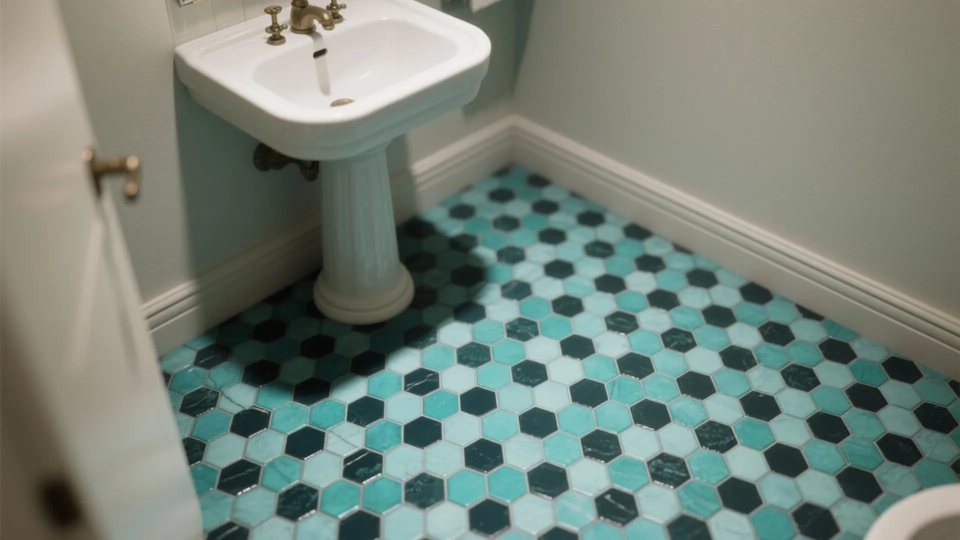 Small bathroom floor with blue hexagon mosaic tiles white pedestal sink and white wooden wall panel