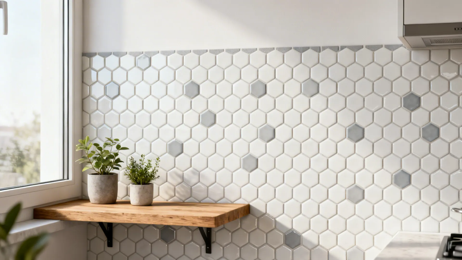 Soft-white hex mosaic with misty grey inserts creating gentle texture in a studio kitchen.