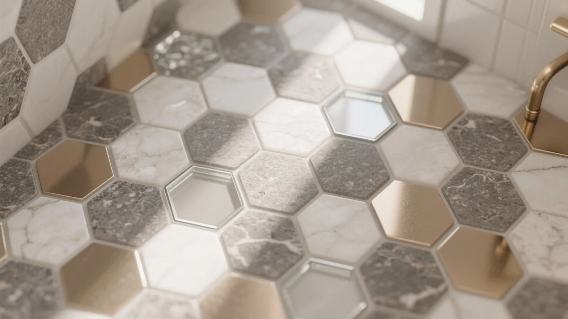 Mixed-Material Hexagon Mosaic in a Small Bathroom