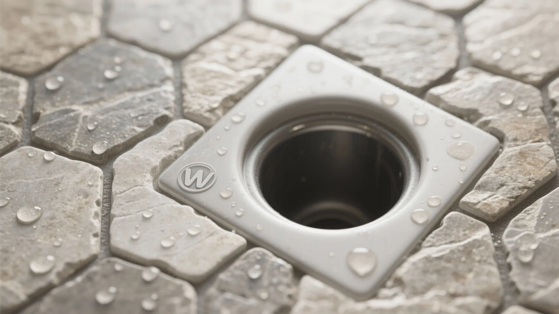 Macro of matte stone-look hex mosaic with clean grout lines, showing slip-friendly texture near a drain.