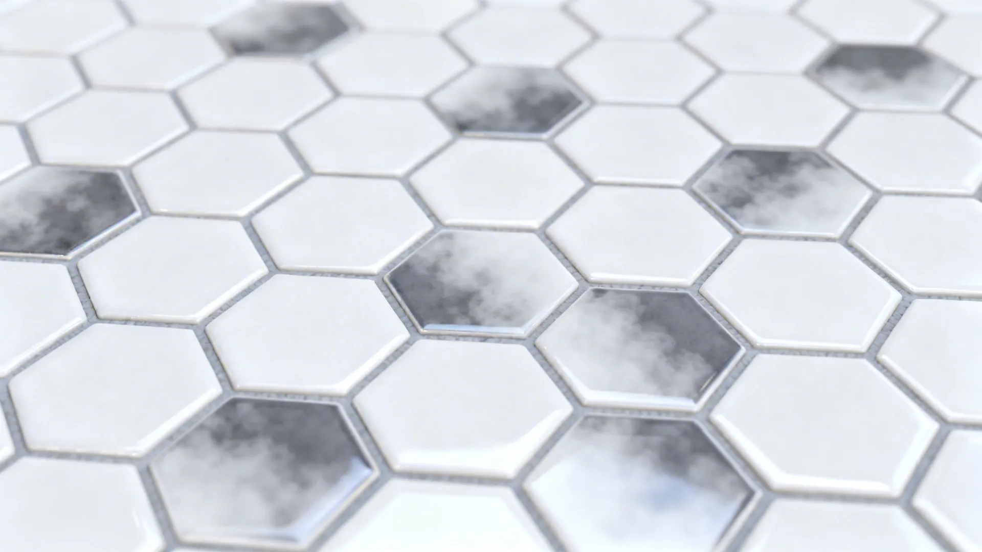 Macro of soft-white hex tiles with misty grey inserts and light grey grout lines.