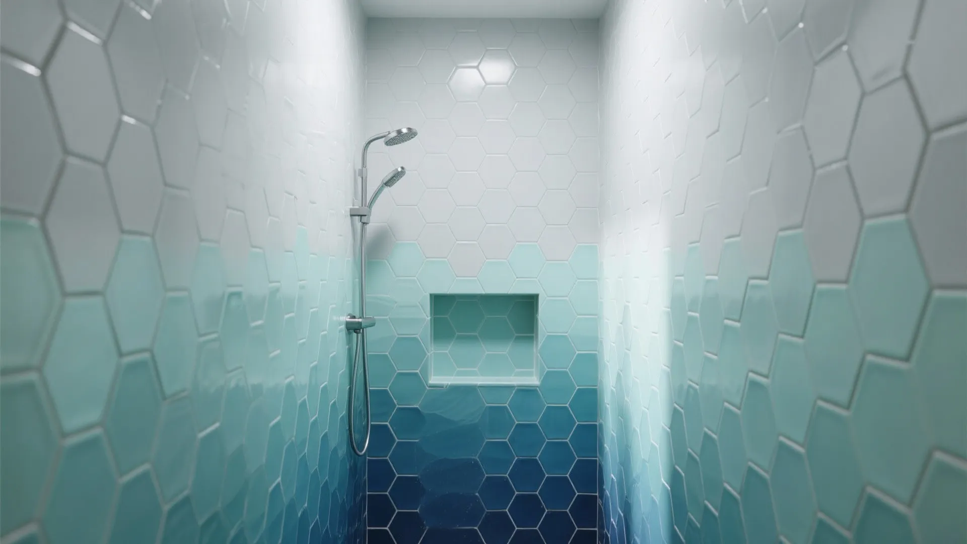 Modern shower room with blue and white hexagon wall tiles and a small wall space