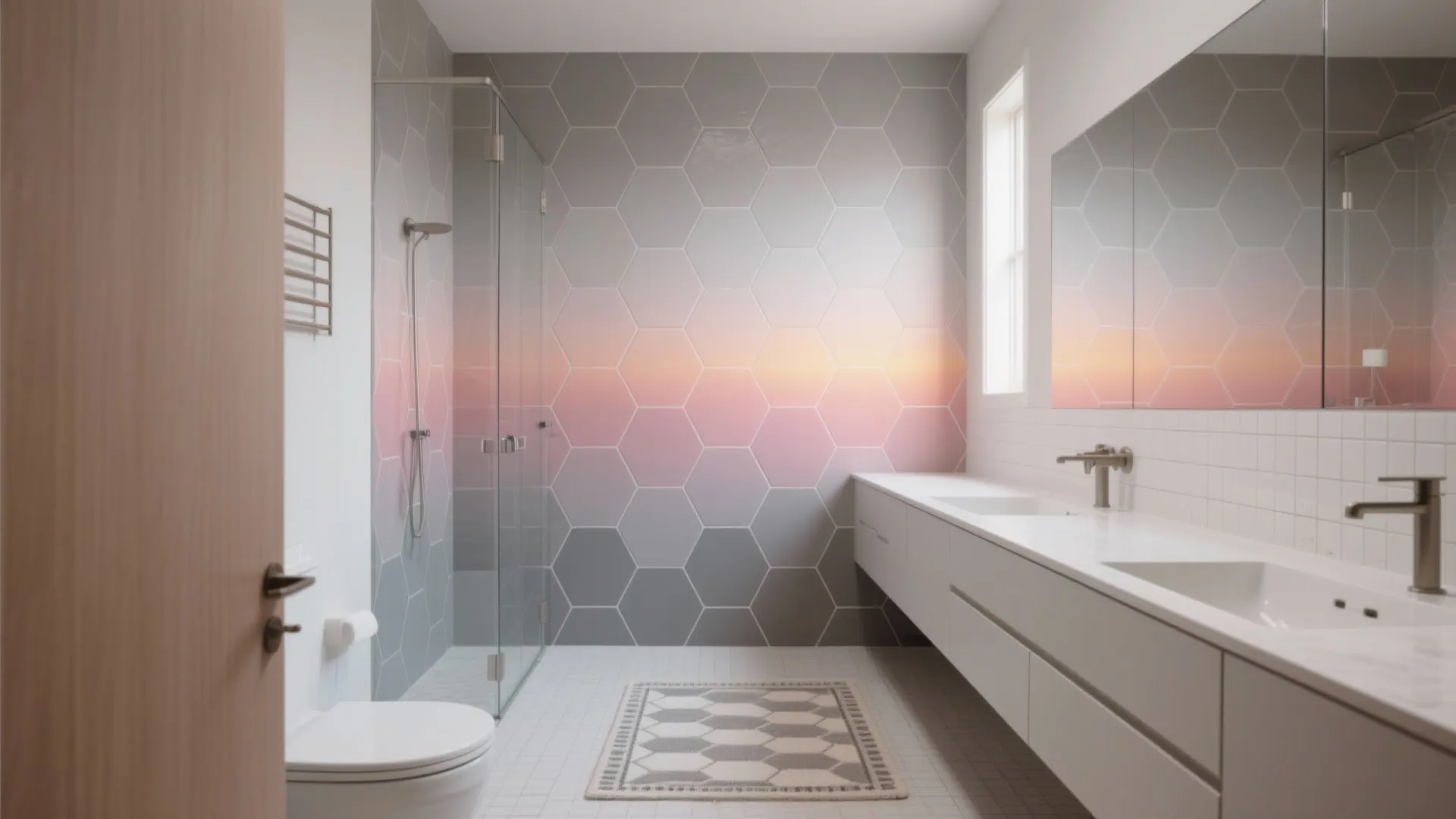Modern bathroom with pink and grey hexagon wall tiles glass shower white vanity and patterned rug