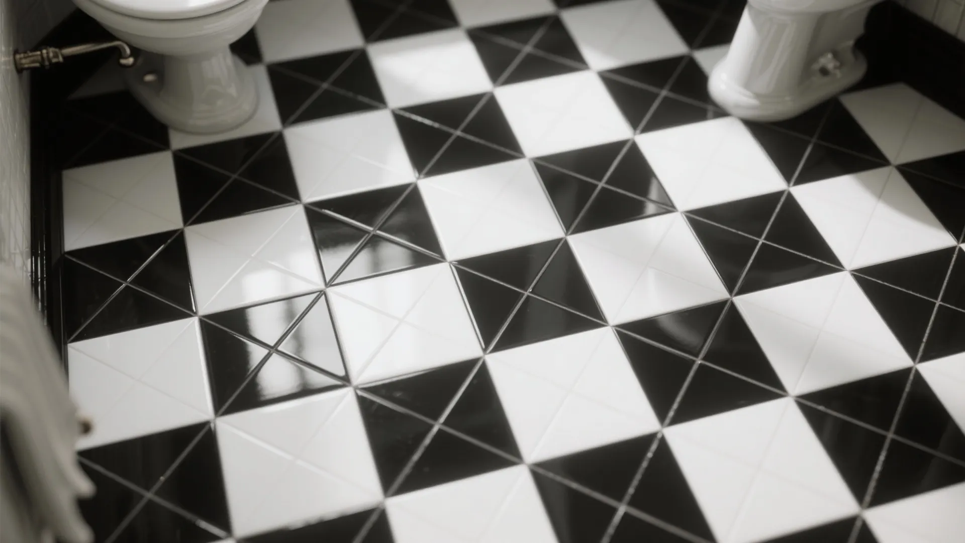 Black and white square floor tiles with cross pattern design in a modern bathroom interior