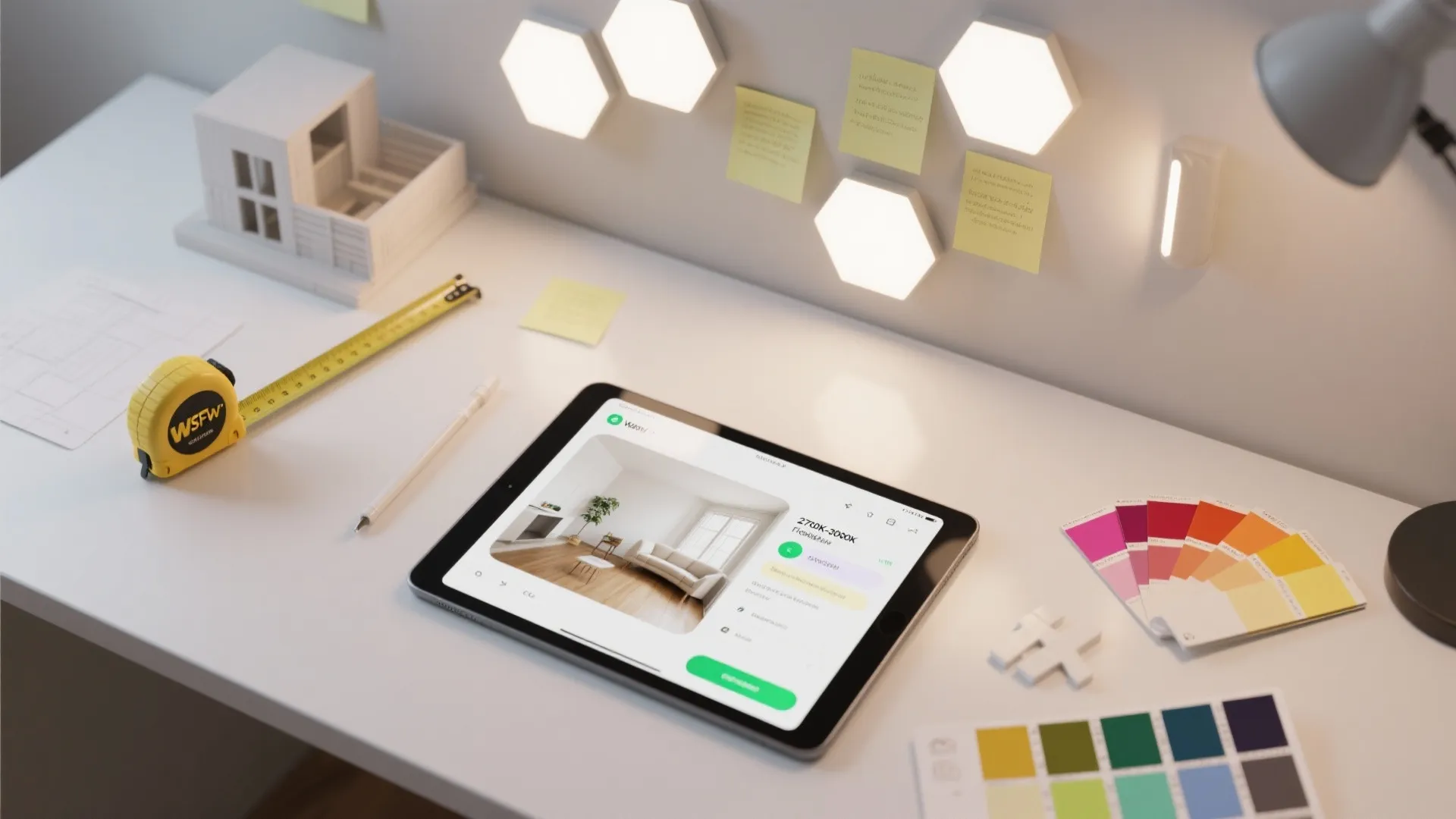 Flatlay of a tablet with room planner, tape measure, hex paper mockups and light temperature swatches