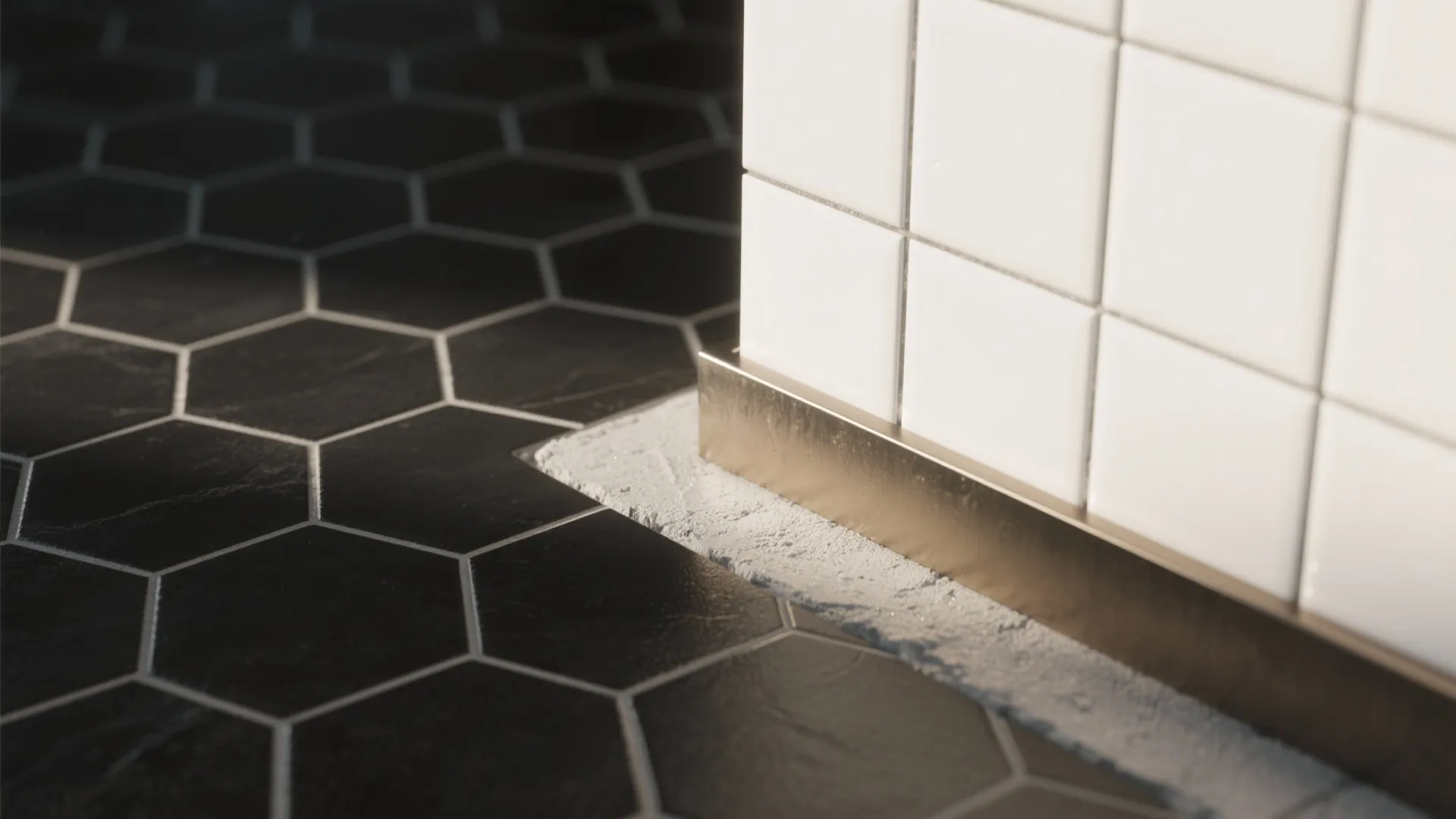 Detail of transition between black hex floor tiles and white rectangular wall tiles with metal trim.