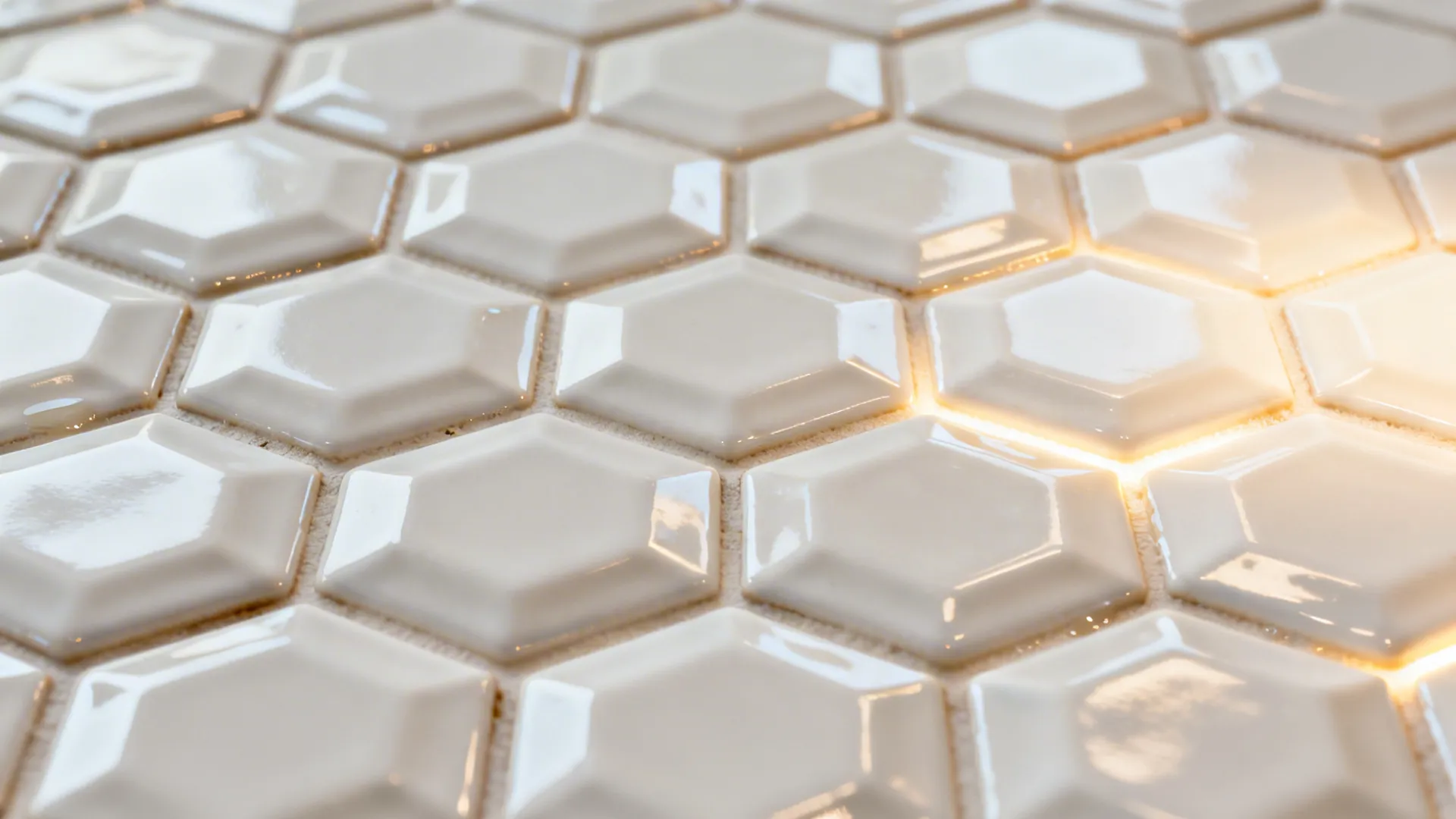 Macro of glazed off-white faceted hex tiles with warm highlights.