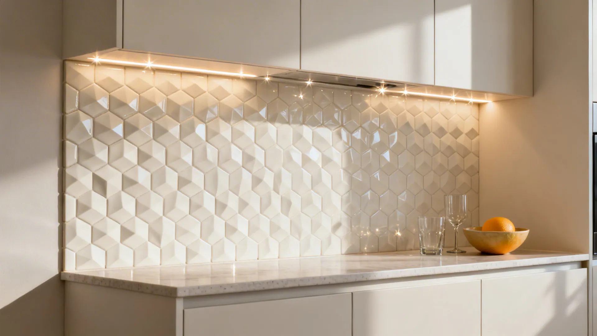 Small kitchen with off-white faceted hex relief tiles creating lively light play.
