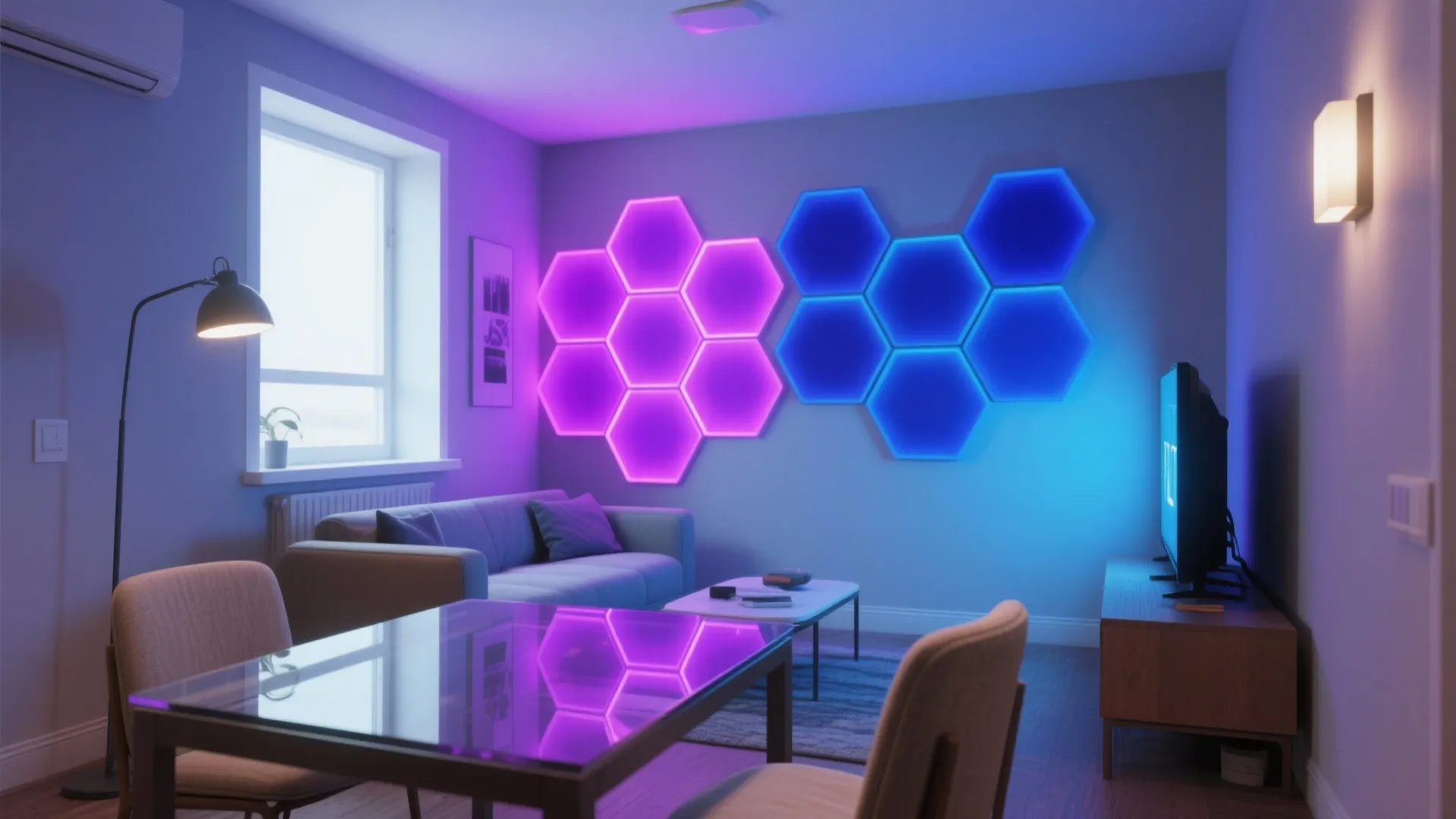 Compact living/dining space with color-changing hexagon panels set to cinematic purple-blue and warm task zones