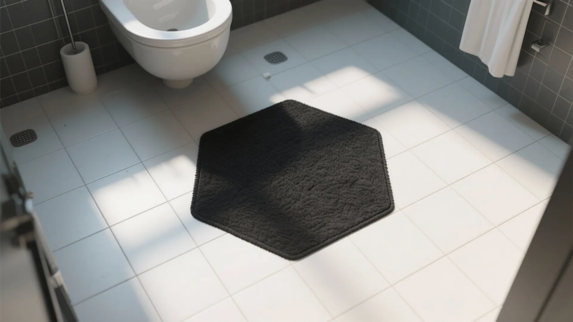 Modern bathroom with white floor tiles a black hexagon rug a white toilet and sunlight