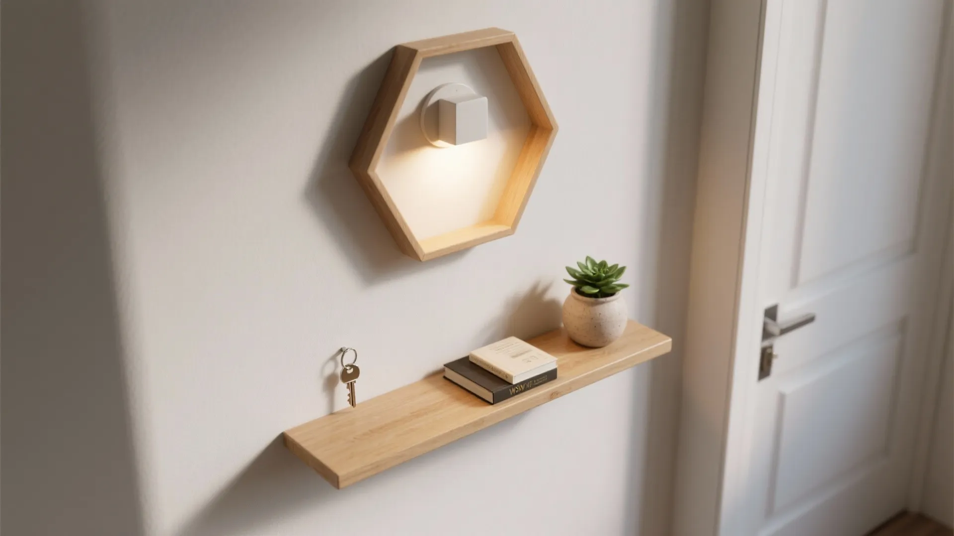 Floating shelf beneath a hexagon wall light holding keys and a small plant in a compact entry nook