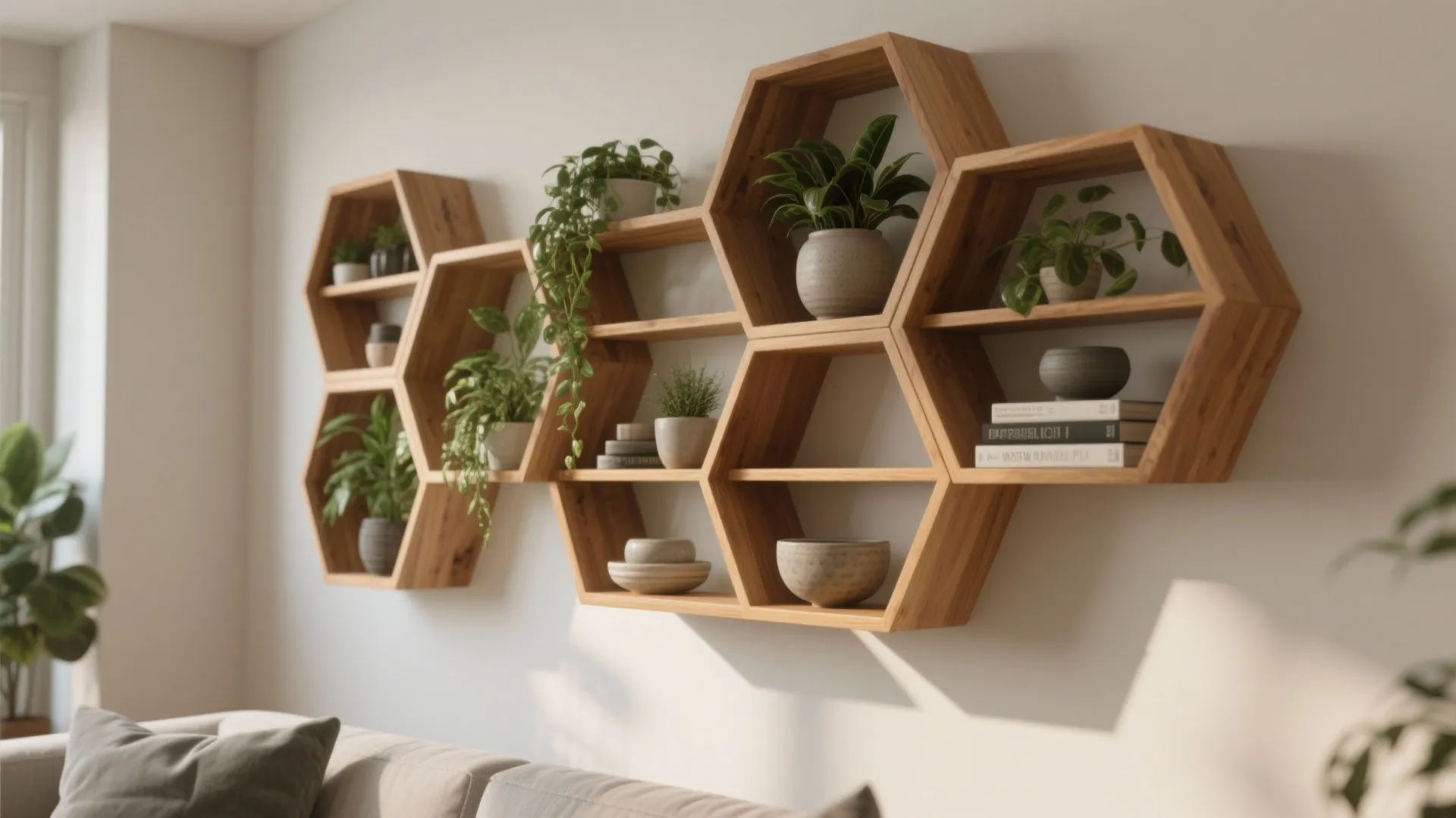 Modern wall with honeycomb wooden shelves holding green plants books and simple ceramic decorative bowls