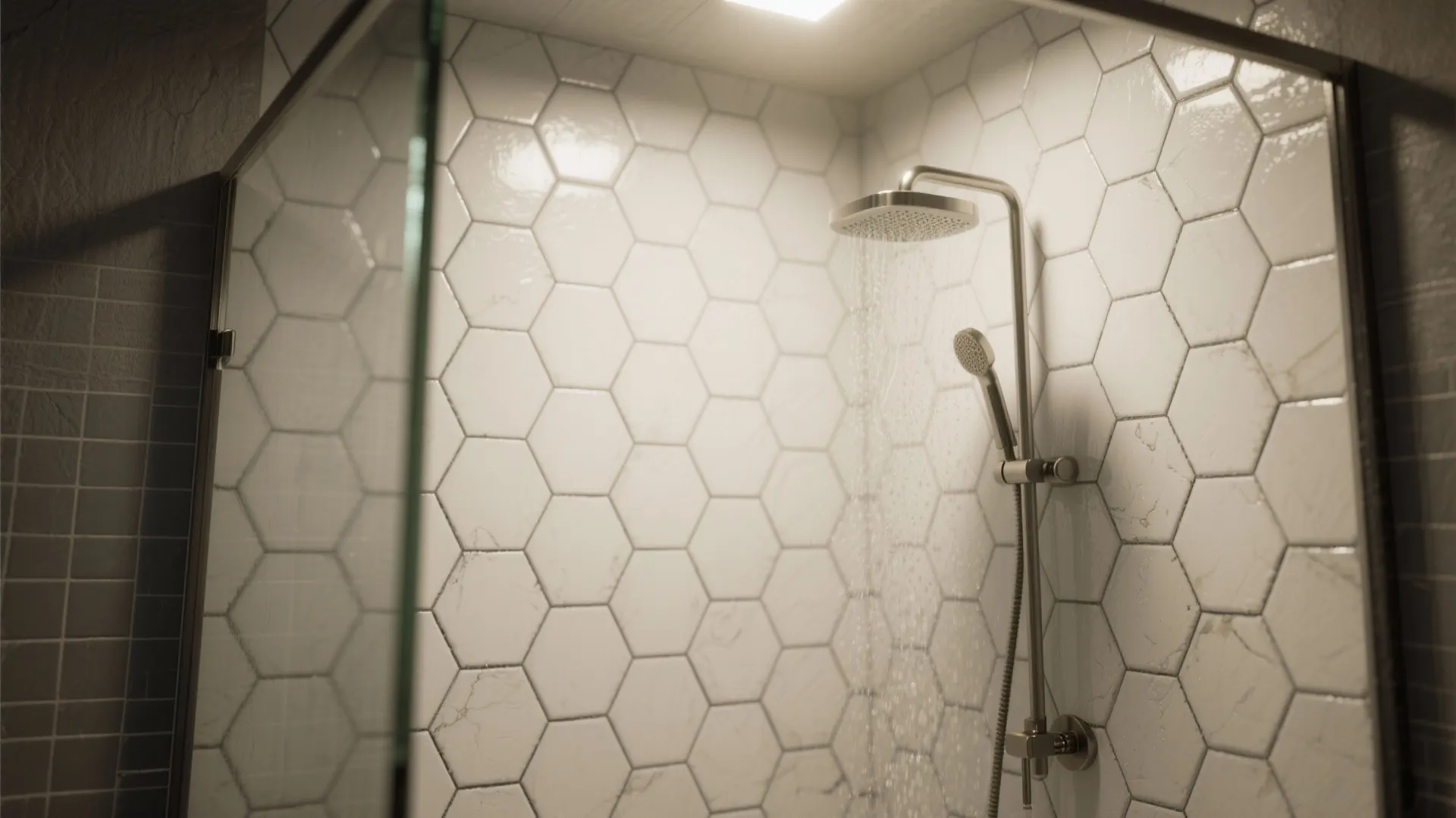 Modern bathroom shower area featuring white hexagon wall tiles and a silver metal shower head