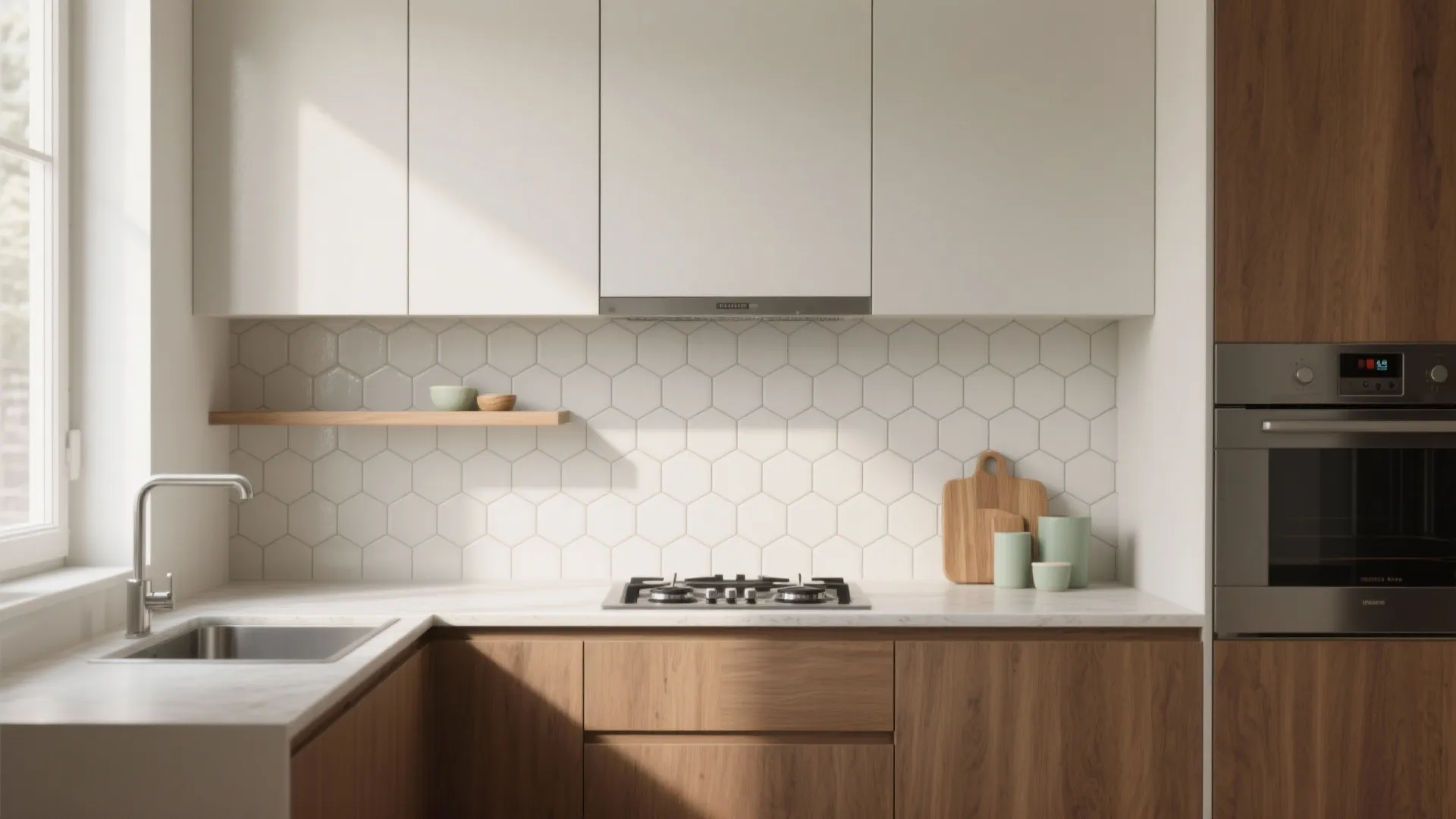 Modern kitchen with white honeycomb wall tiles wooden cabinets white countertops and stainless steel sink