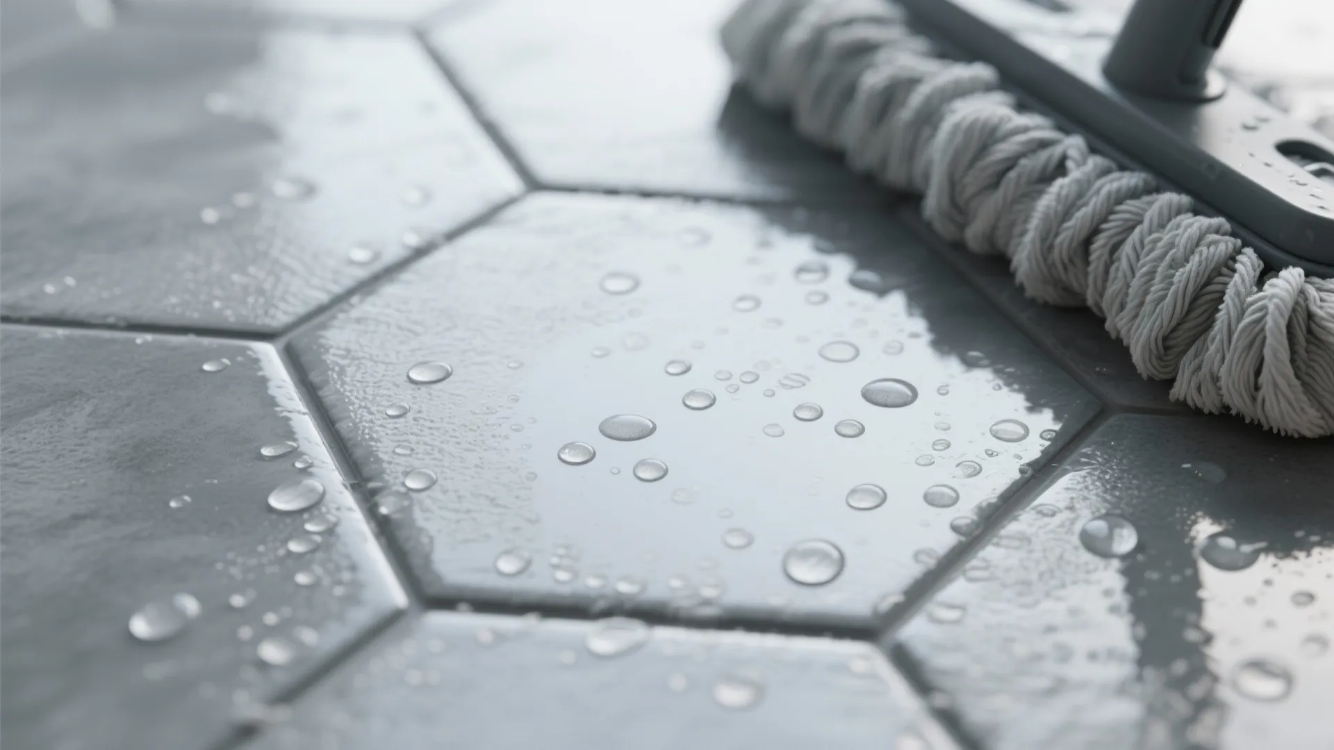 Grey hexagonal bathroom floor tiles with water droplets being cleaned by a white string mop