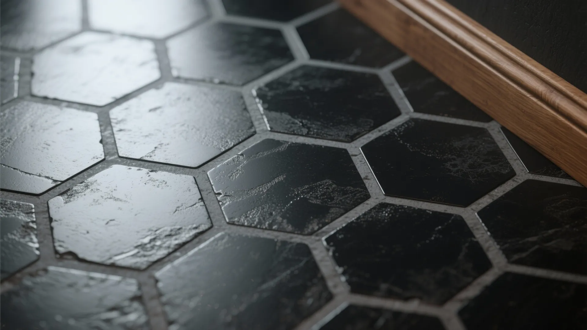 1. Matte black hexagon tiles for modern warmth