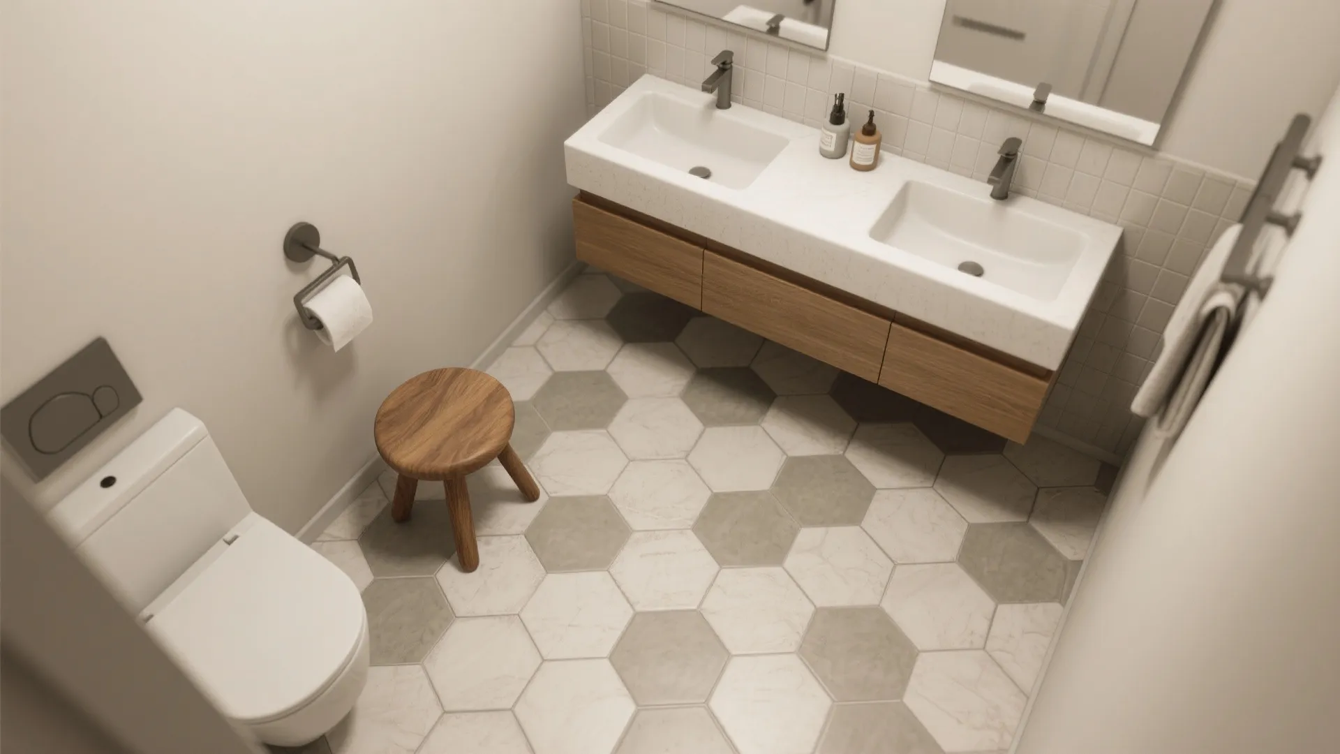 Small bathroom with bold hex patterned porcelain-look floor paired with calm neutral walls and simple vanity.