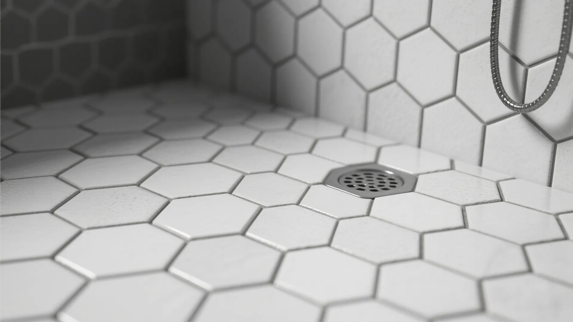 3. Monochrome small hex tiles with minimal grout