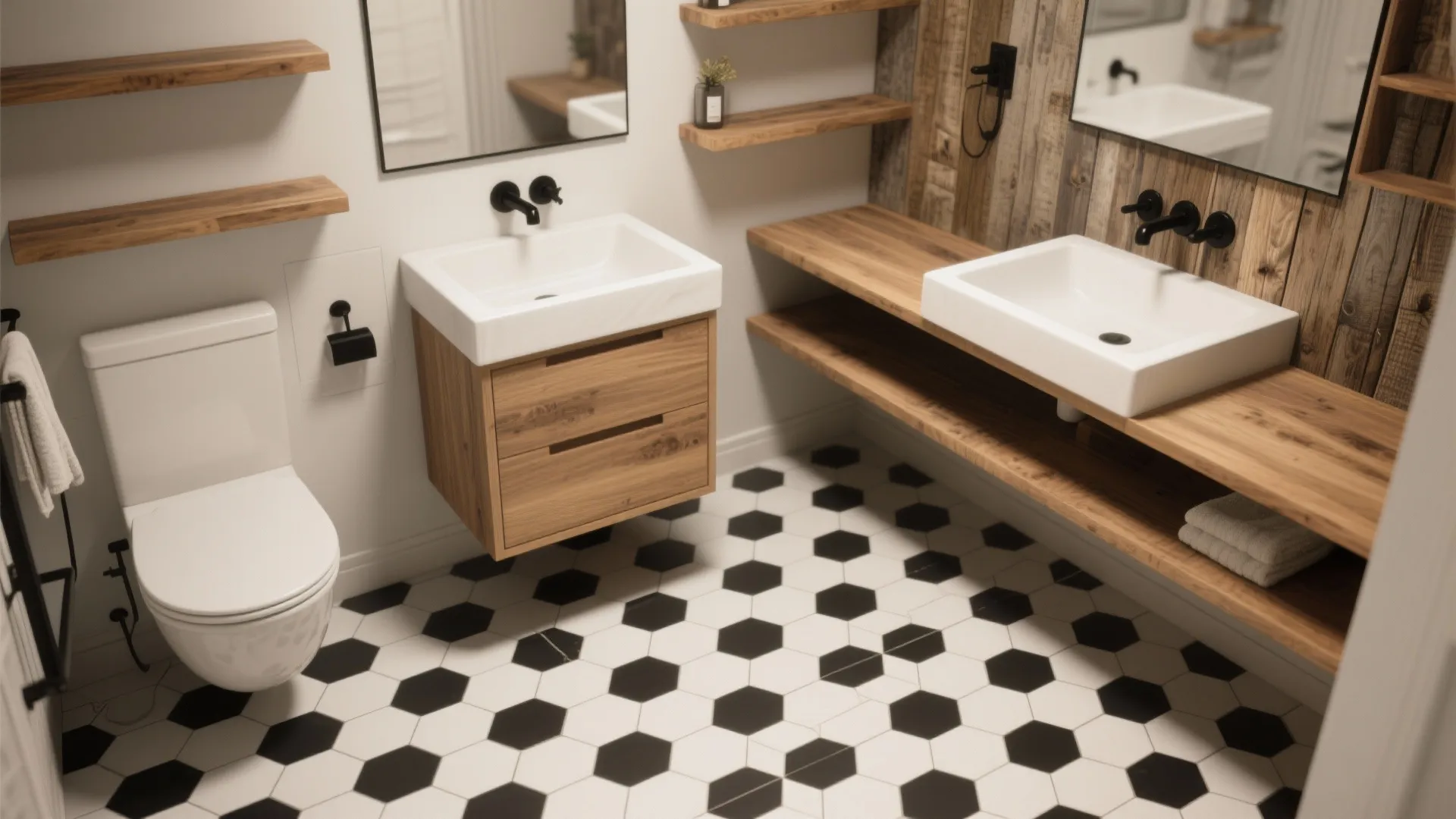 Small bathroom with black-and-white hexagon floor tiles paired with a warm oak vanity and wood shelves.