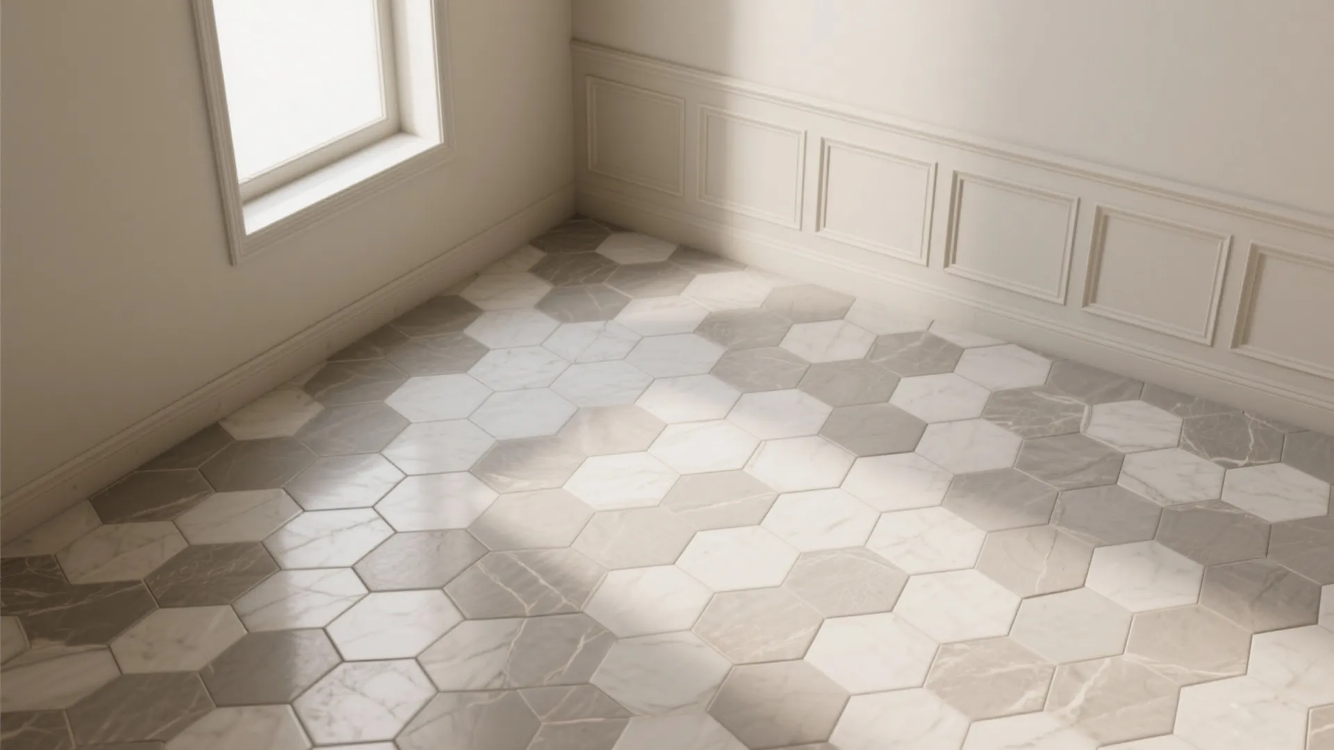 Hexagon mosaics that climb from floor to feature wall