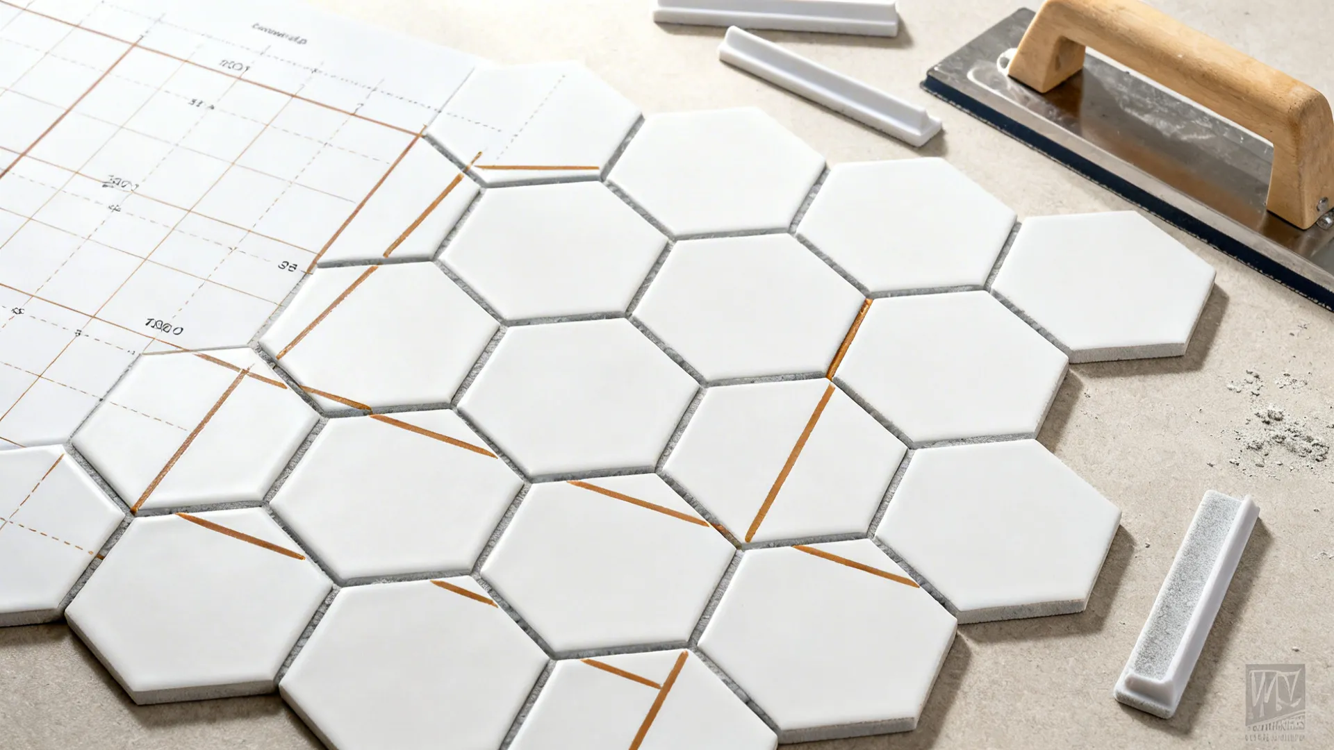 Top-down view of matte white hex tile layout with warm-gray grout spacing.