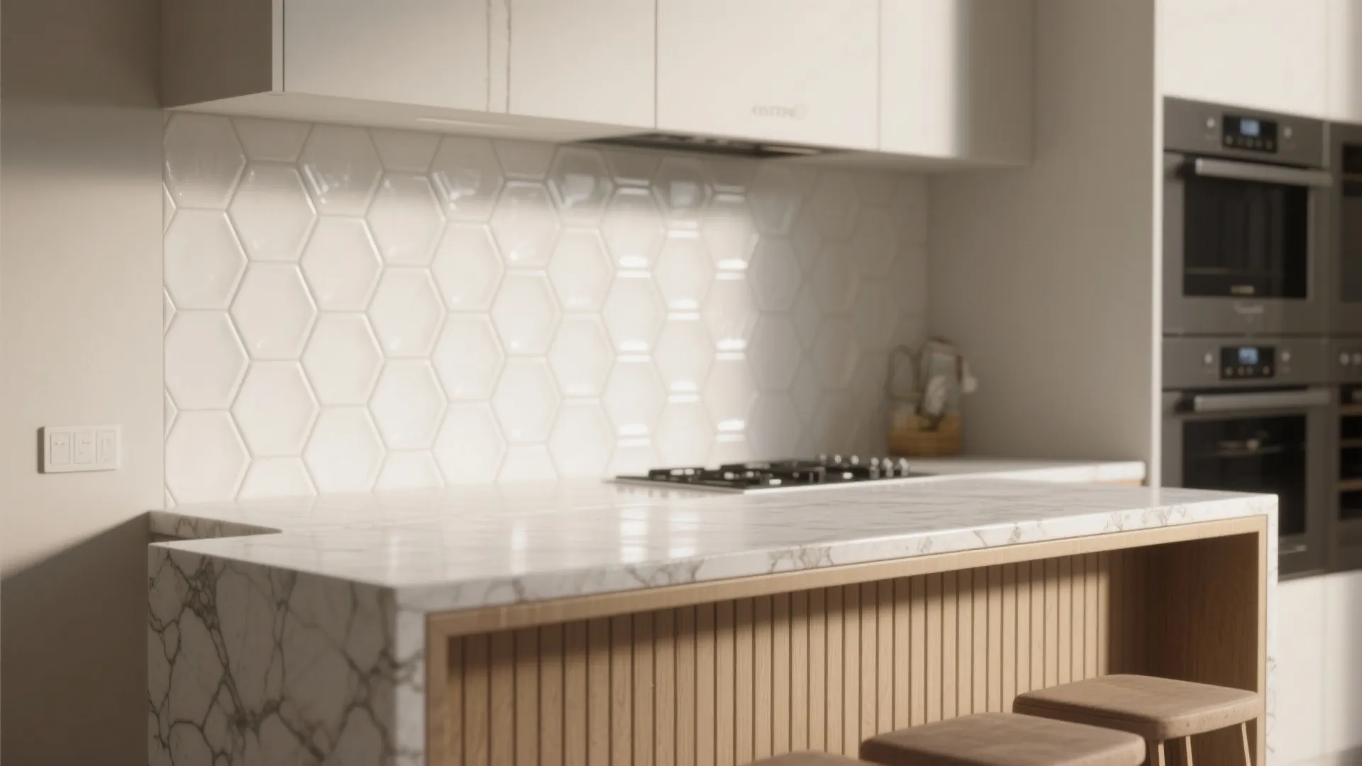 3. Integrated backsplash with countertop waterfall