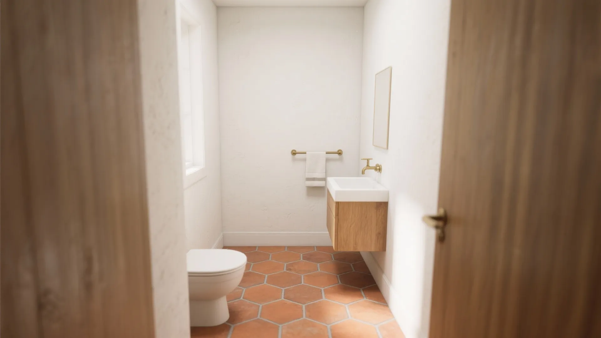 Compact bath featuring matte terracotta hex tile floor, white walls, and simple fixtures, photographed in soft daylight.