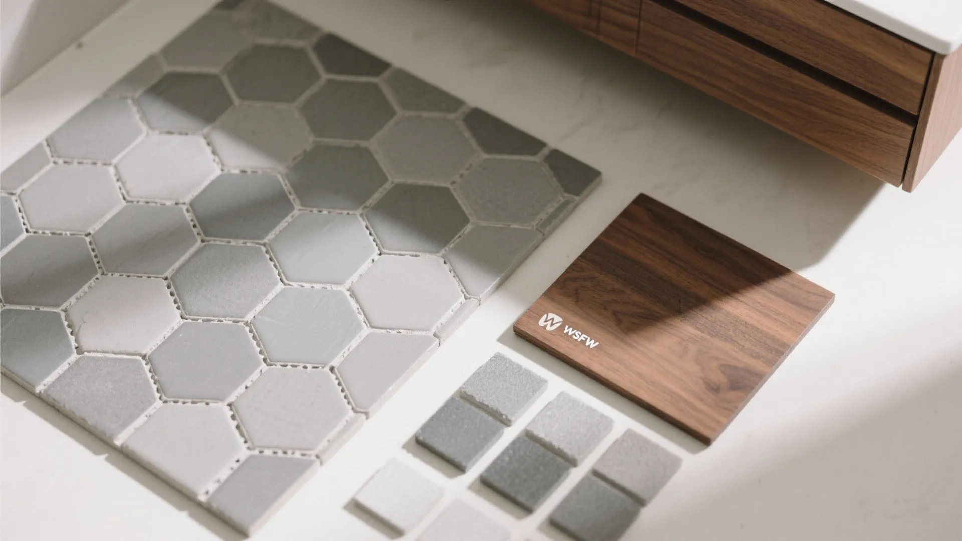Interior design material board showing grey hexagon tiles wood samples and small square color swatches