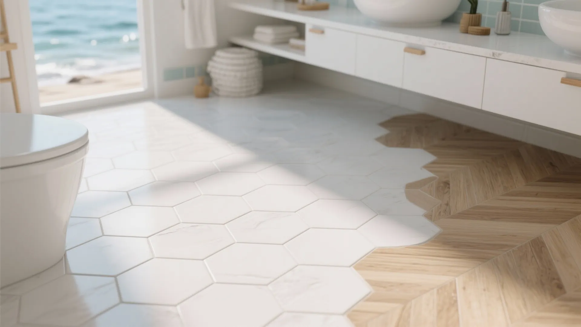9. White Hex Tiles and Wood-Look Porcelain Floor