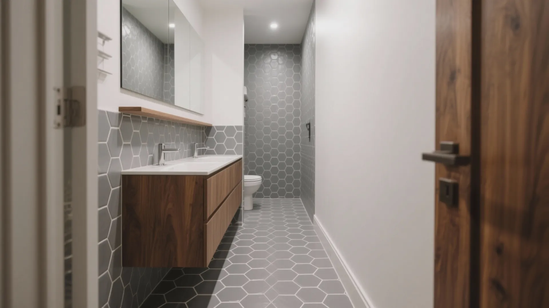 Narrow bathroom layout with grey hexagon wall tiles wooden cabinet double sinks and white toilet