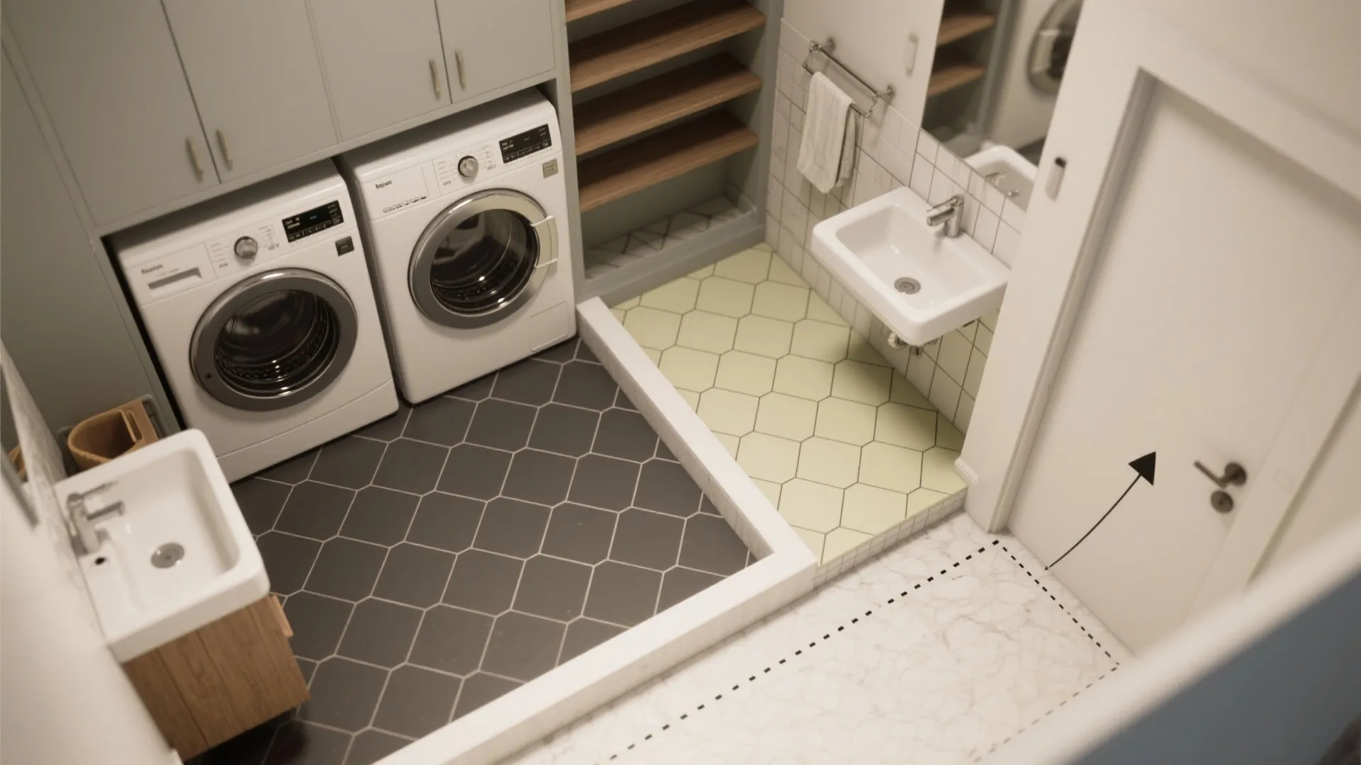 3) Matte hex tile floors with color-blocked zones