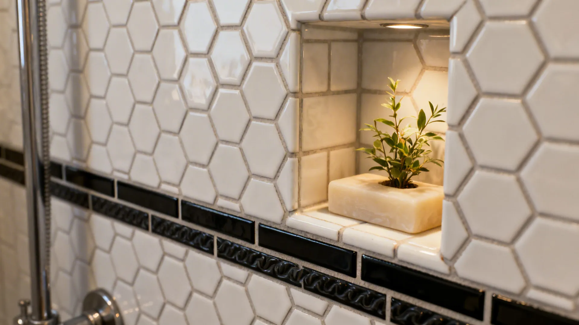 White hexagon wall tiles with black grout creating a graphic handcrafted look on a shower wall.